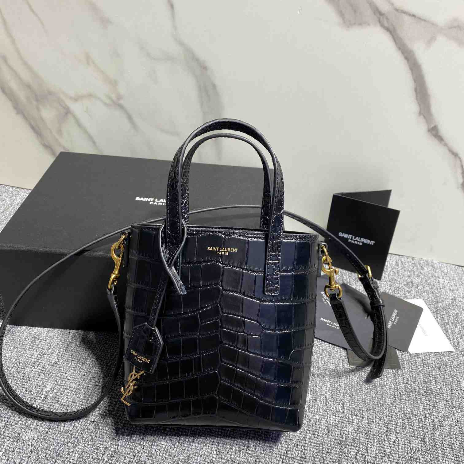 Saint Laurent Paris Mini Toy Shopping In Crocodile-Embossed Leather  - 