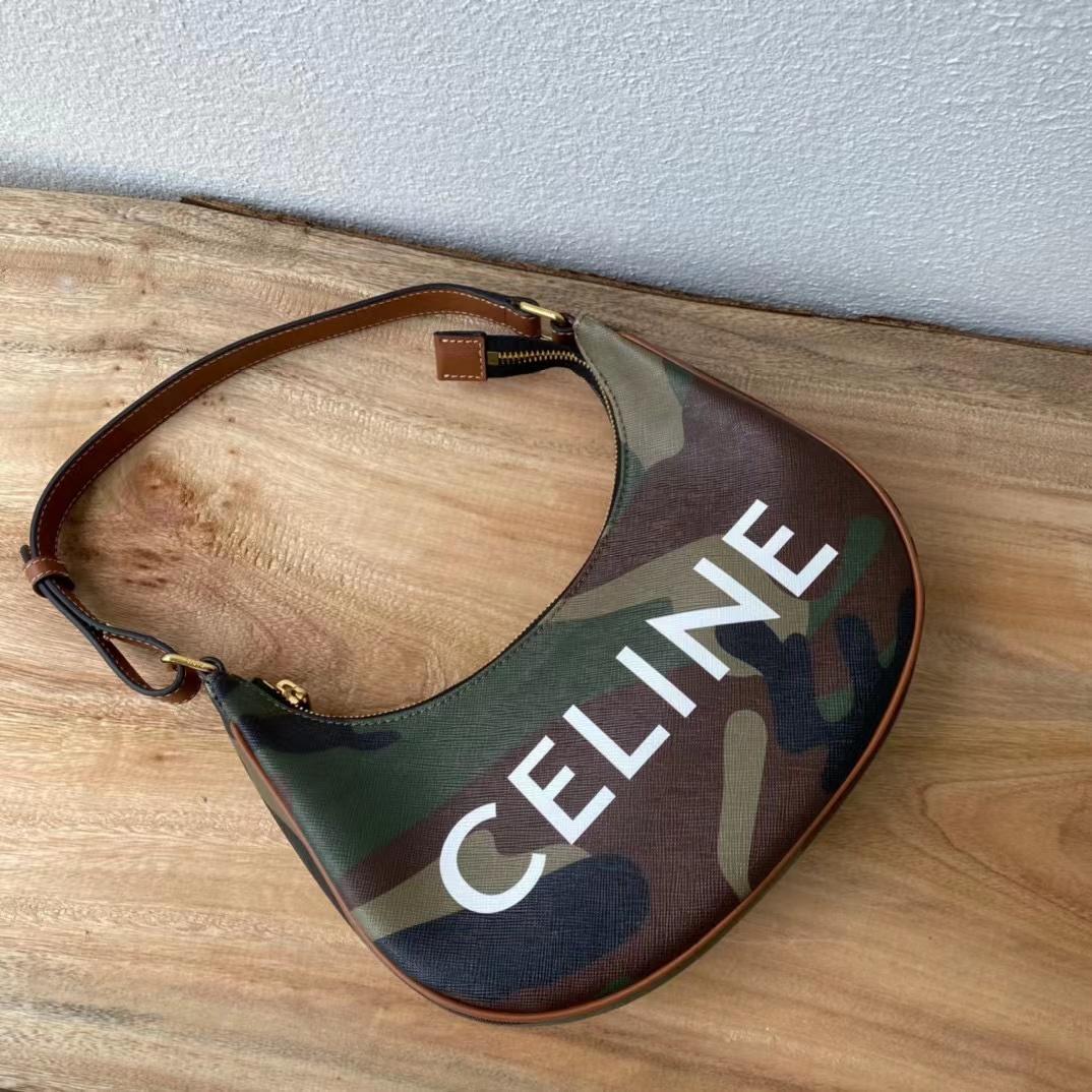 Celine Canvas Calfskin Camouflage Ava Logo Triomphe Shoulder Bag Khaki (24.5-18-7.5cm) - 