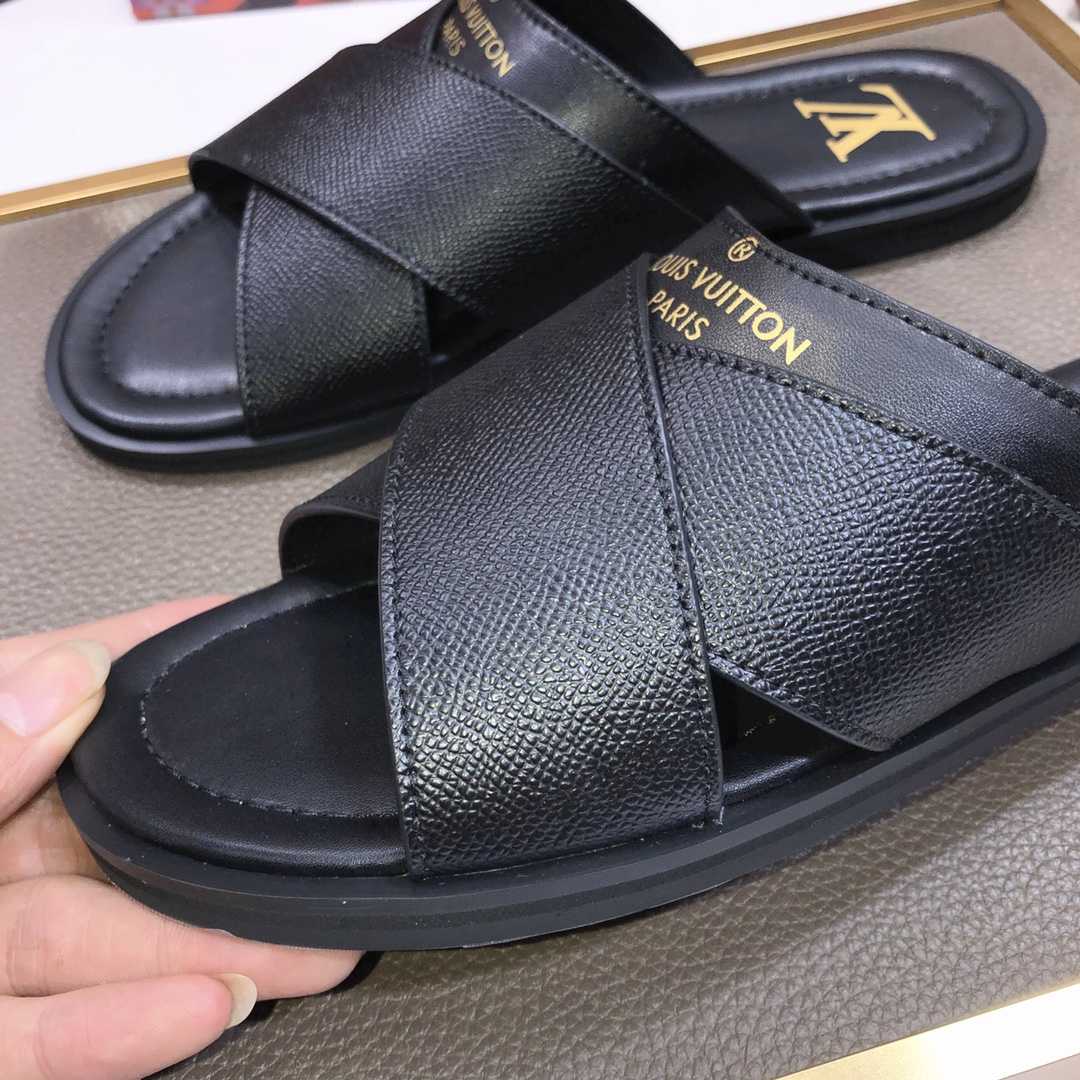 Louis Vuitton Black Leather Foch Cross Strap Flat Slides - 