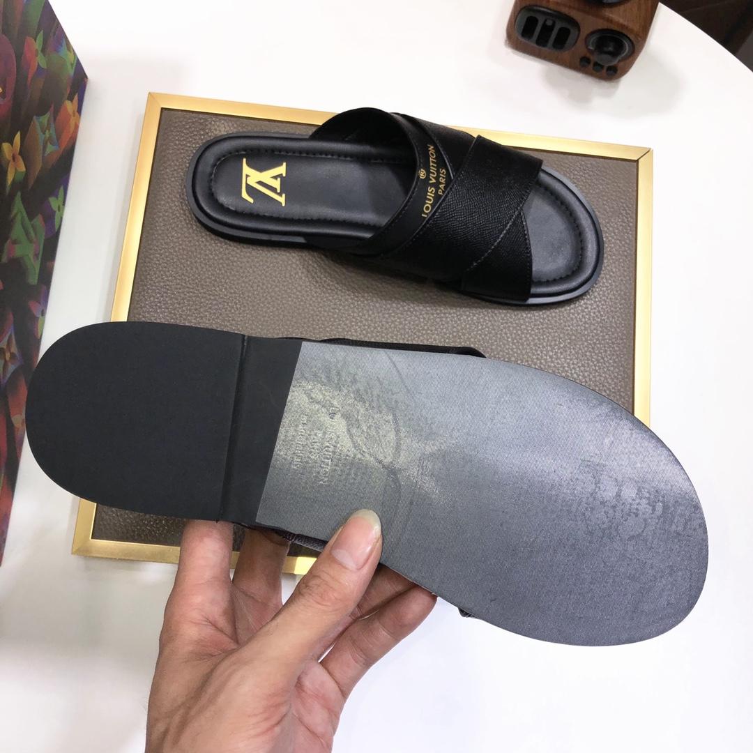 Louis Vuitton Black Leather Foch Cross Strap Flat Slides - 