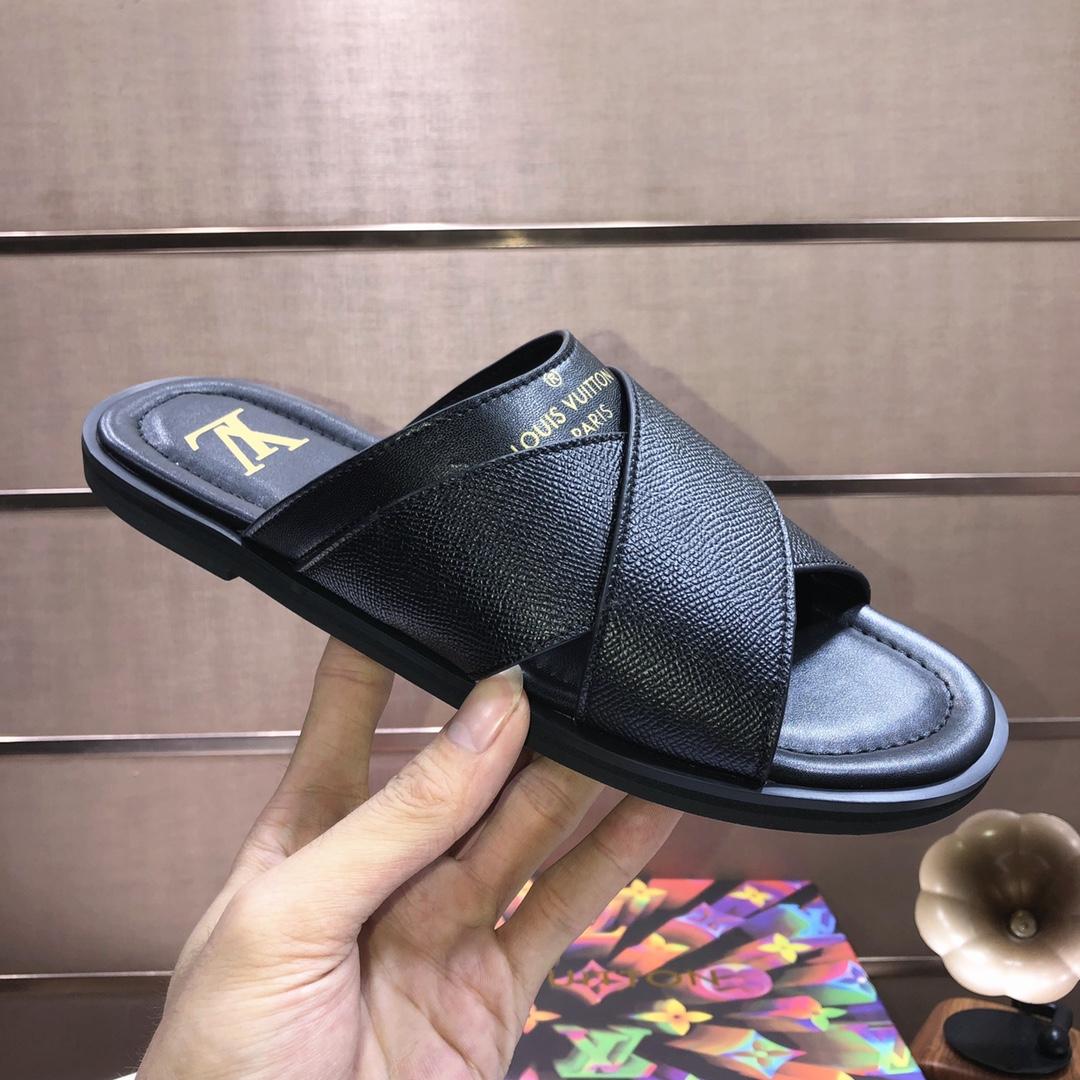 Louis Vuitton Black Leather Foch Cross Strap Flat Slides - 