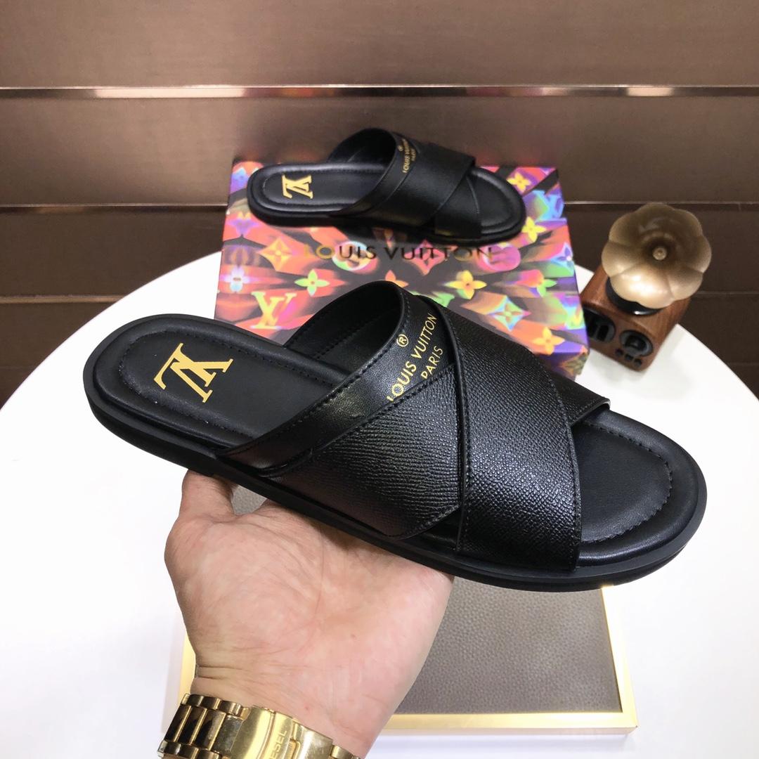 Louis Vuitton Black Leather Foch Cross Strap Flat Slides - 