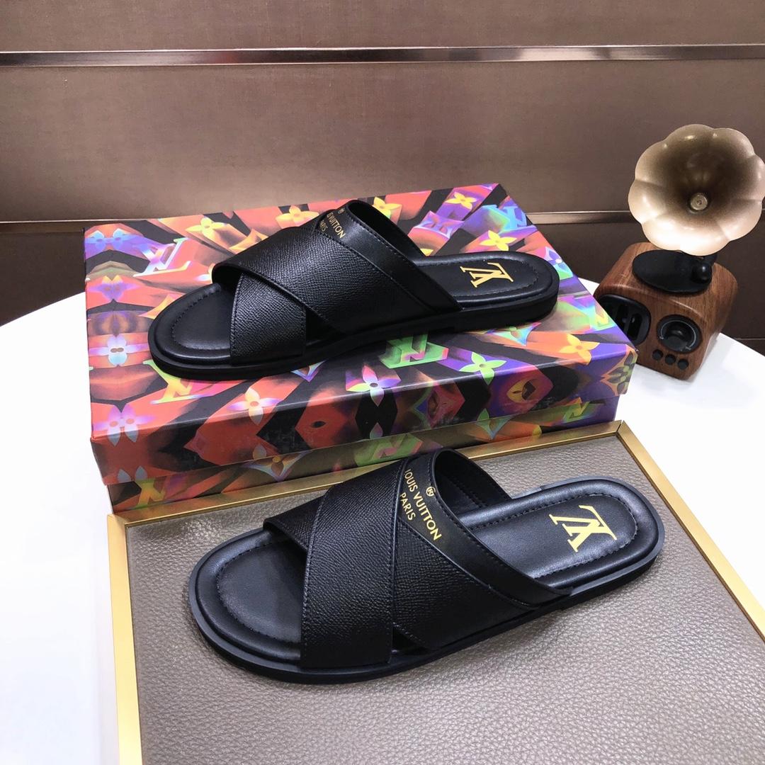 Louis Vuitton Black Leather Foch Cross Strap Flat Slides - 