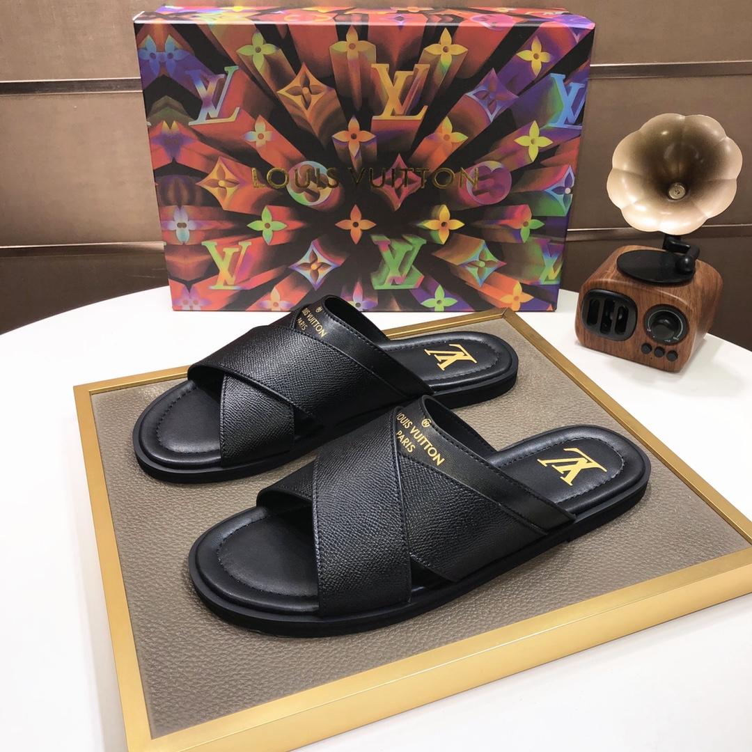 Louis Vuitton Black Leather Foch Cross Strap Flat Slides - 
