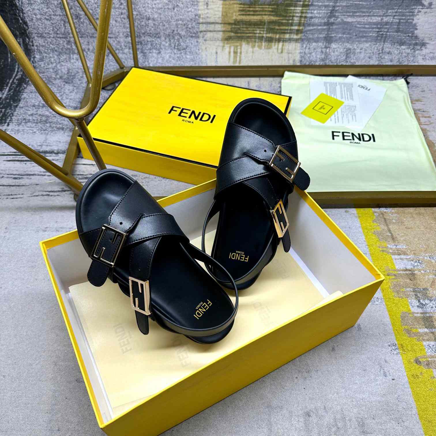 Fendi Feel Black Leather Slides - DesignerGu