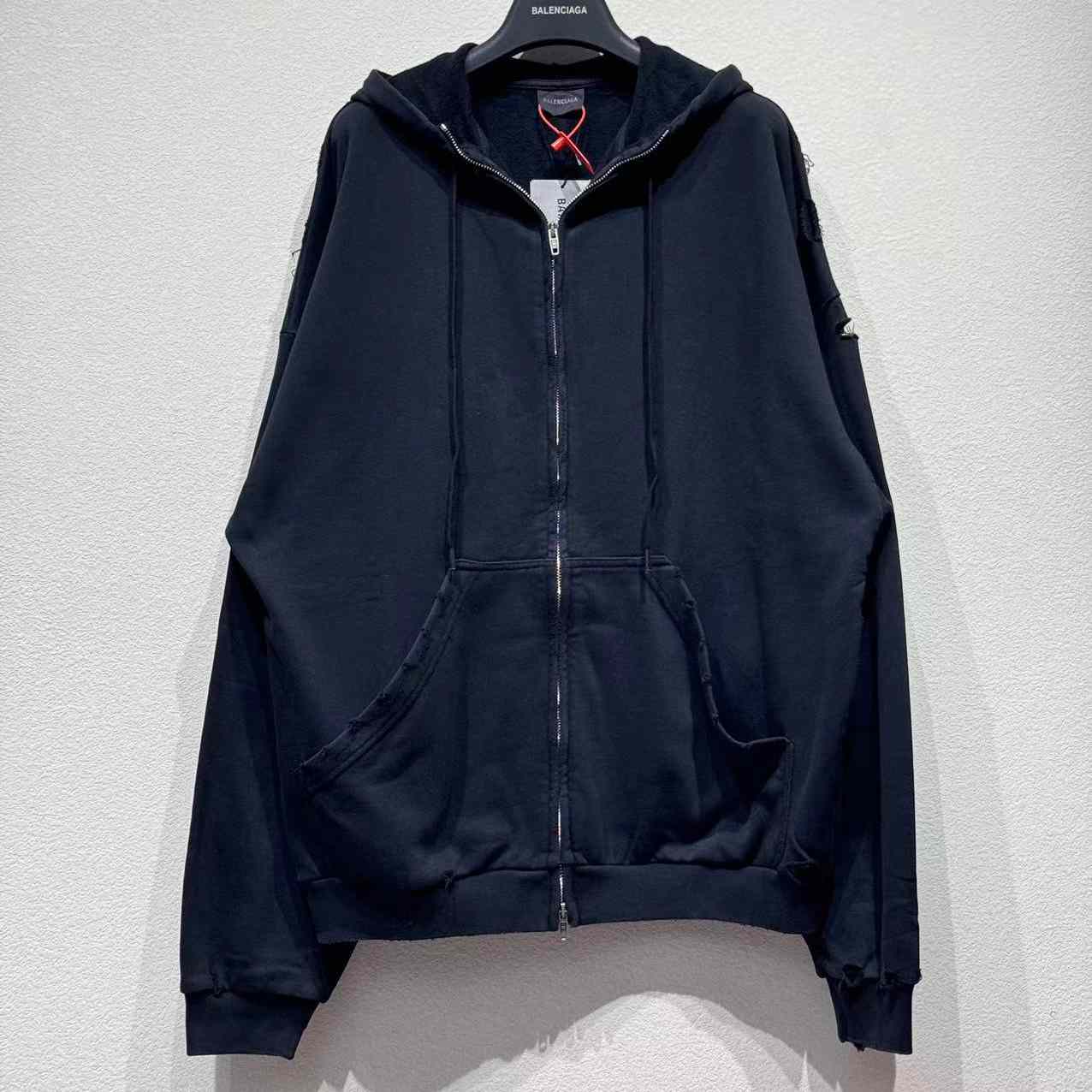 Balenciaga Security Tape Logo Large Zip-Up Hoodie In Faded Washed Black And Red Dry Fleece - DesignerGu