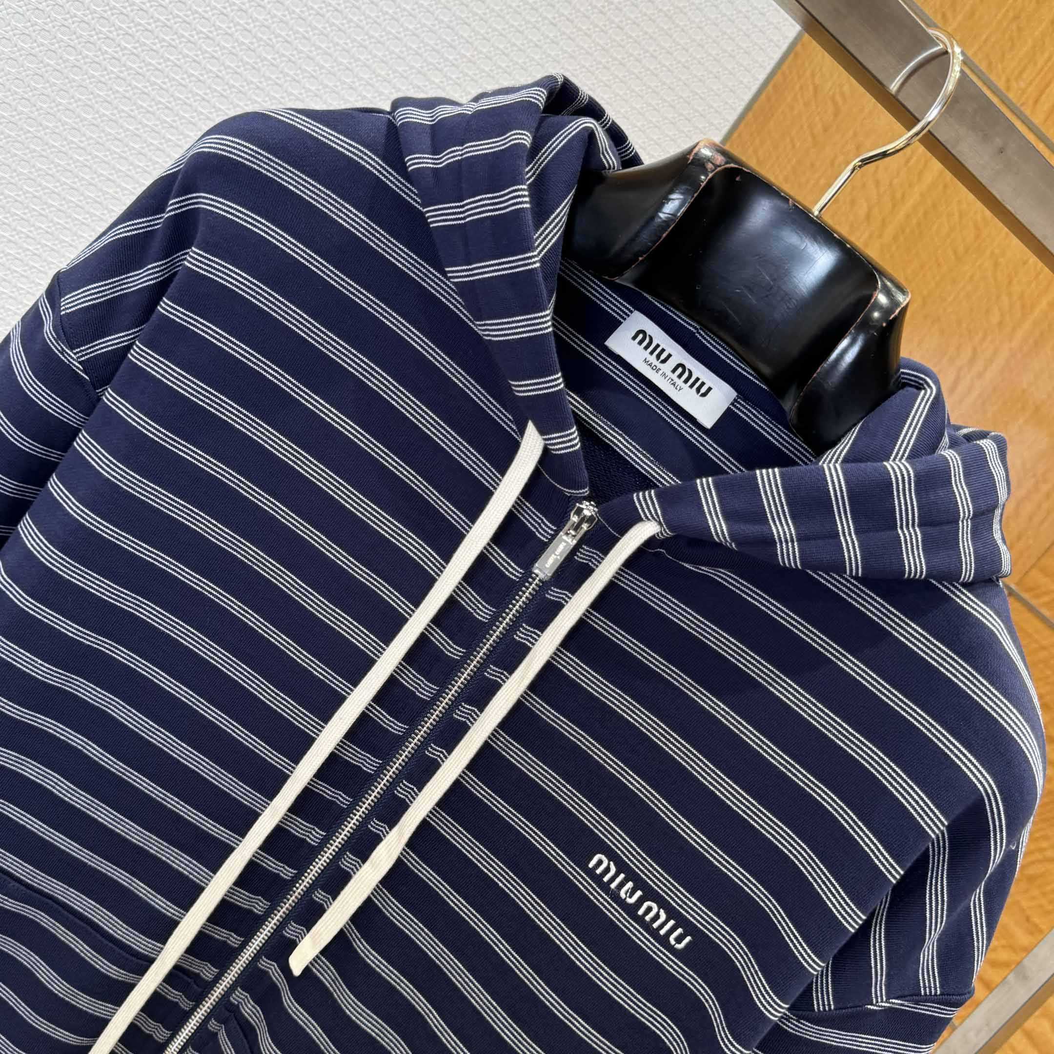 Miu Miu Striped Cotton Fleece Hoodie Jacket - DesignerGu