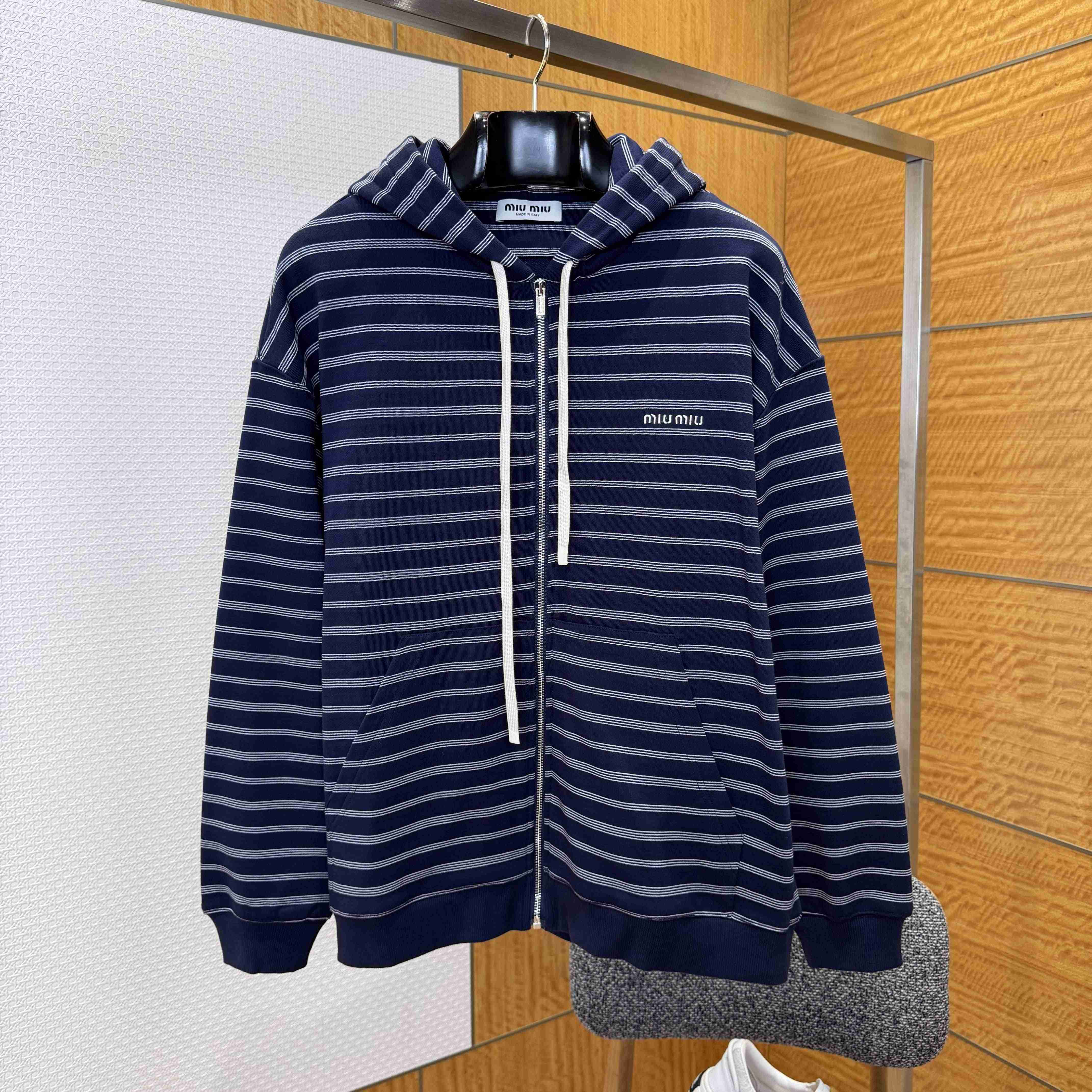 Miu Miu Striped Cotton Fleece Hoodie Jacket - DesignerGu
