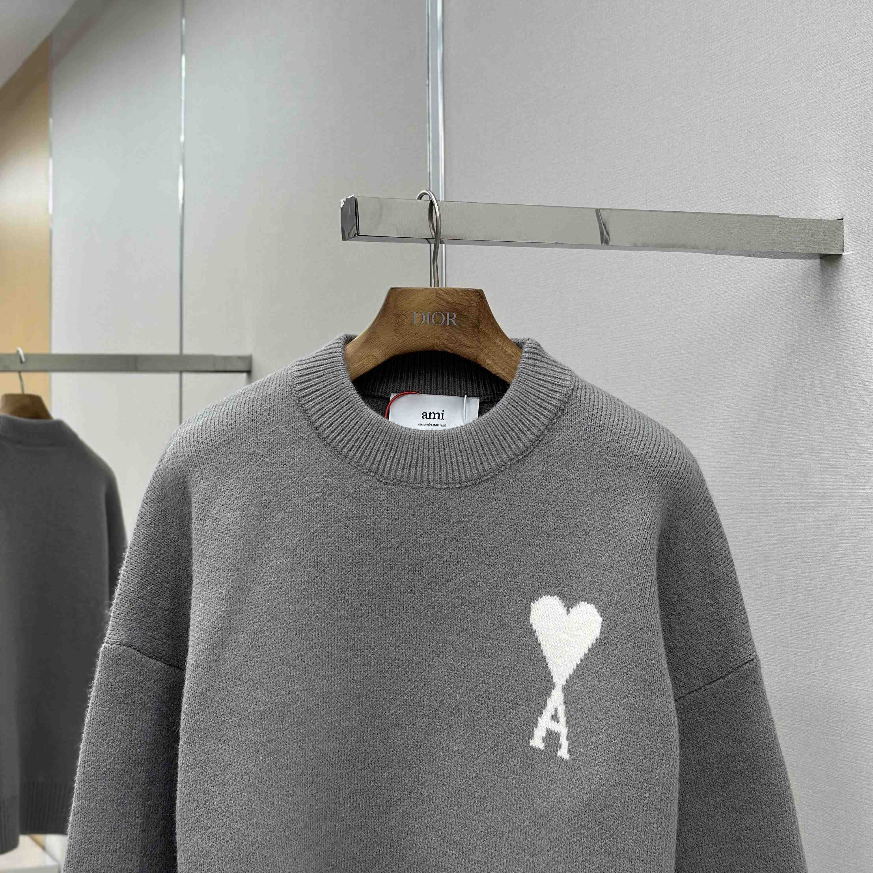 AMI Paris Grey Alpaca Ami De Coeur Crewneck Sweater  - DesignerGu