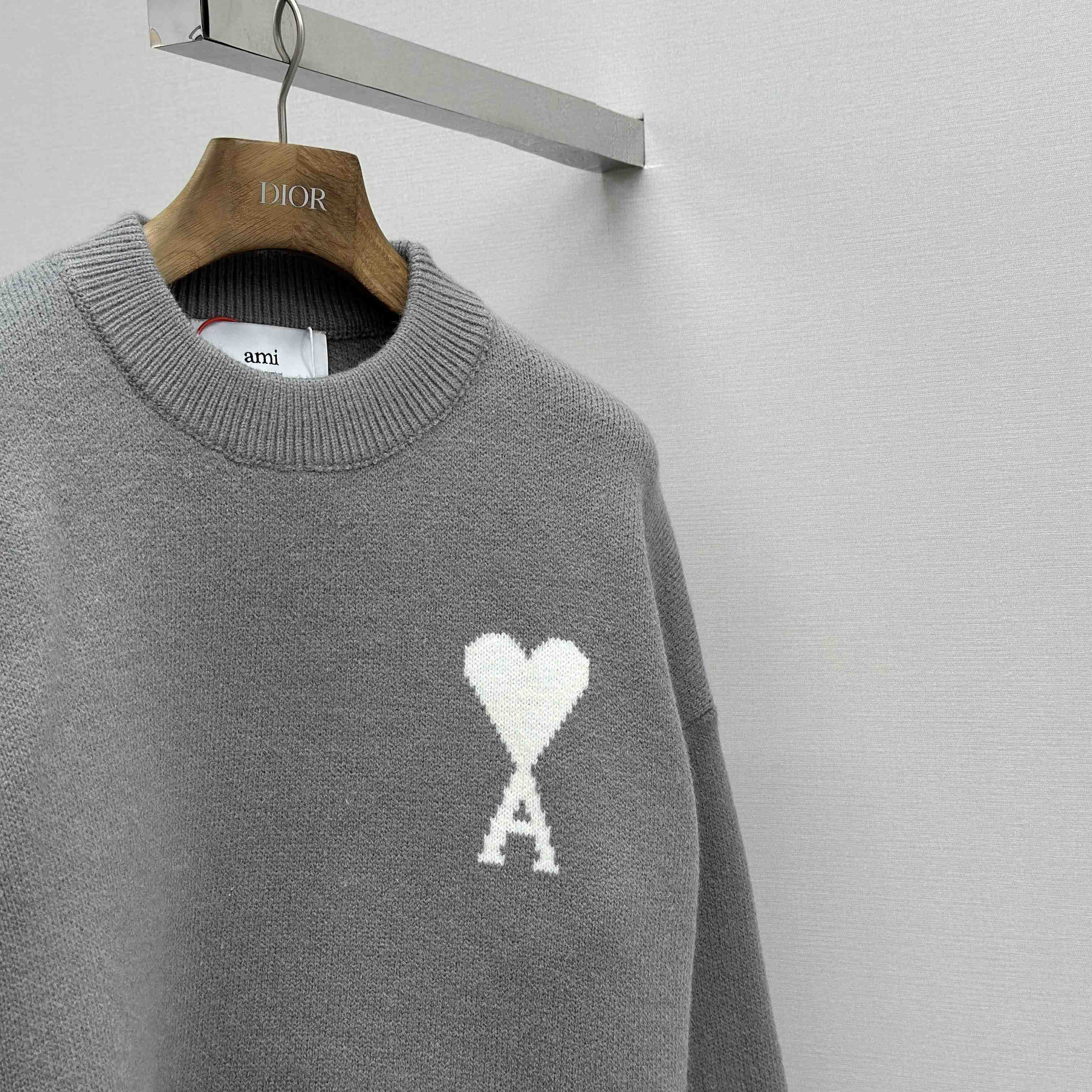 AMI Paris Grey Alpaca Ami De Coeur Crewneck Sweater  - DesignerGu