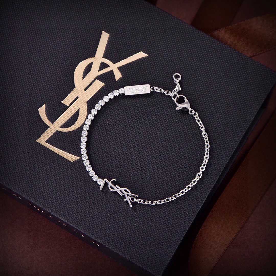 Saint Laurent Cassandre Charm Bracelet In Metal And Rhinestone - DesignerGu
