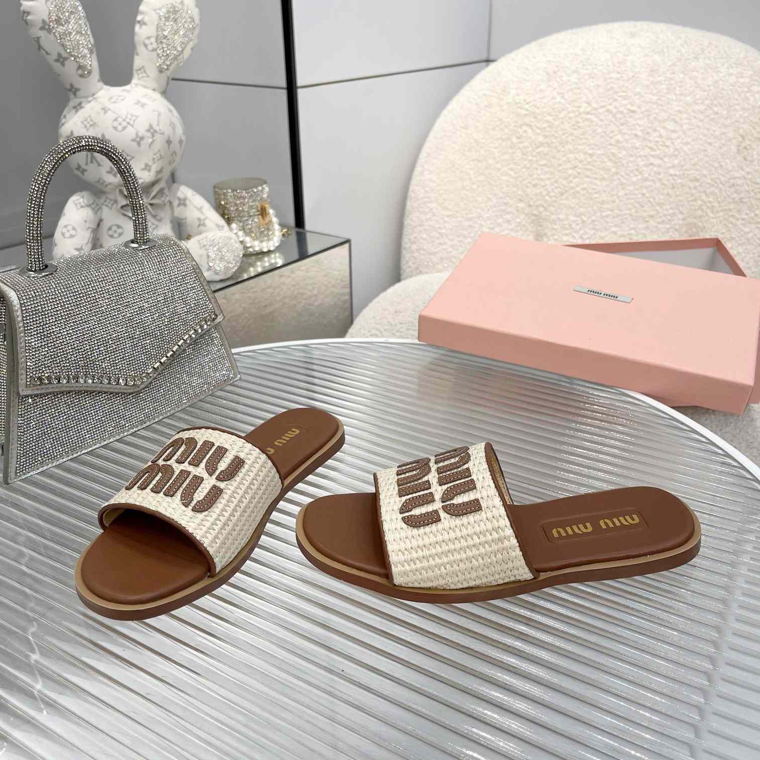 Miu Miu Logo-patch Raffia Slides - DesignerGu