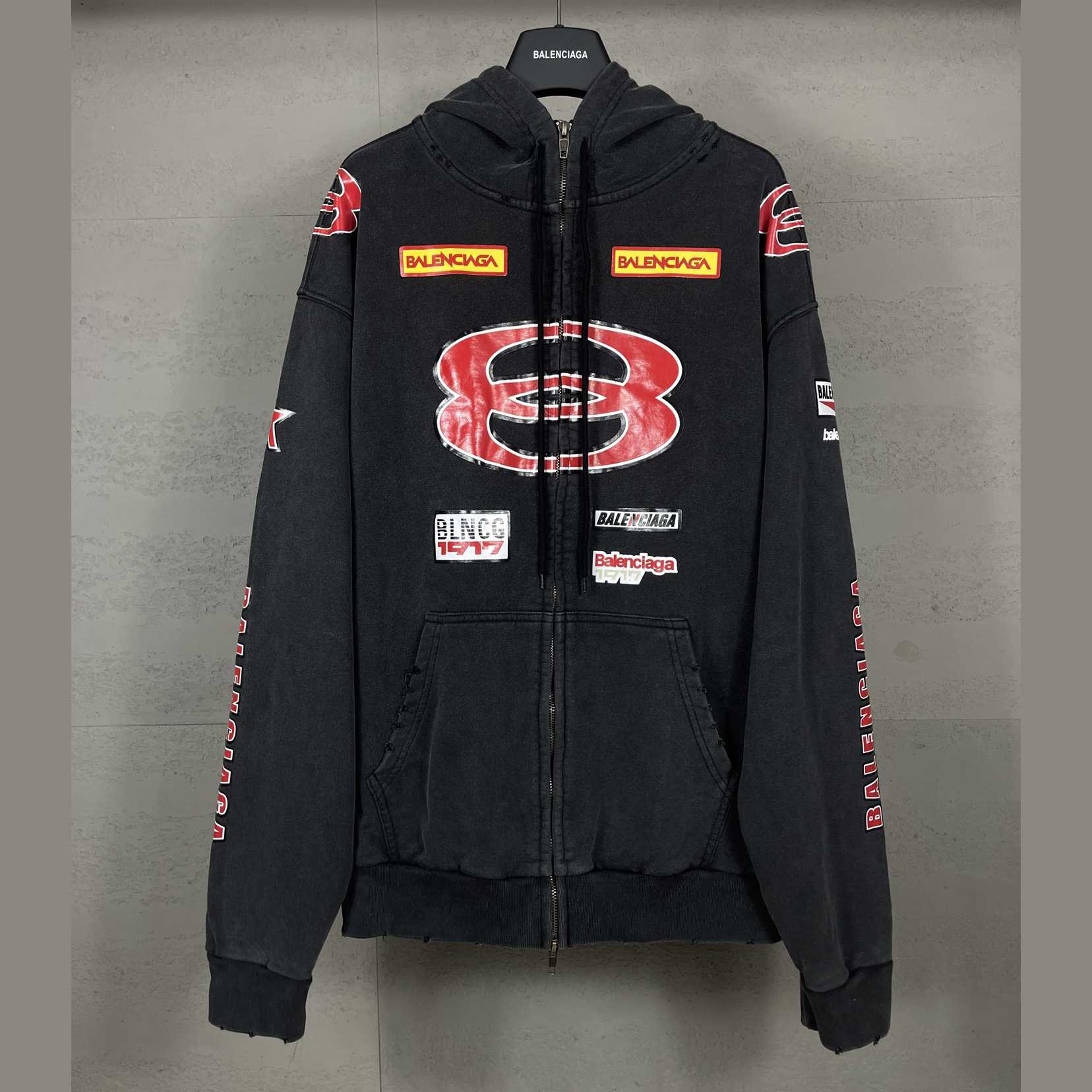 Balenciaga Sponsor Logos Large Zip-Up Hoodie In Faded Washed Black - DesignerGu