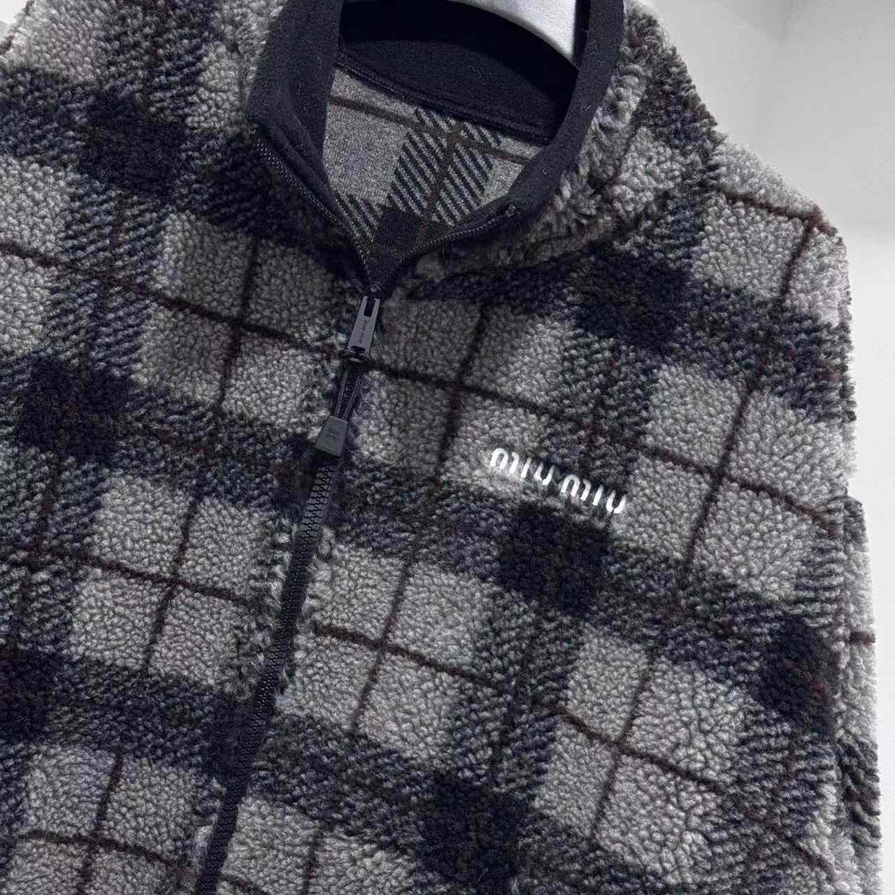 Miu Miu Checked Teddy Zipper Jacket - DesignerGu