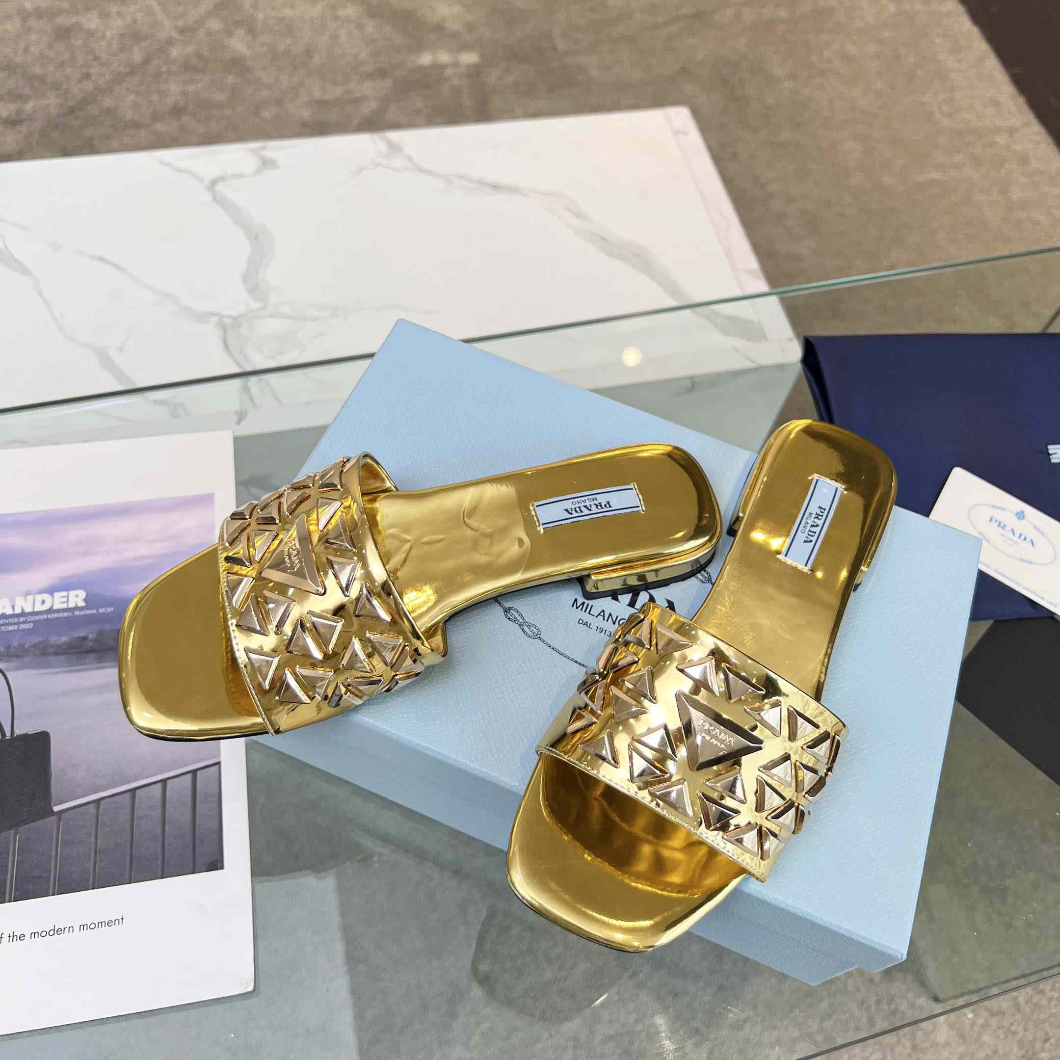 Prada Studded Metallic Leather Slides - 