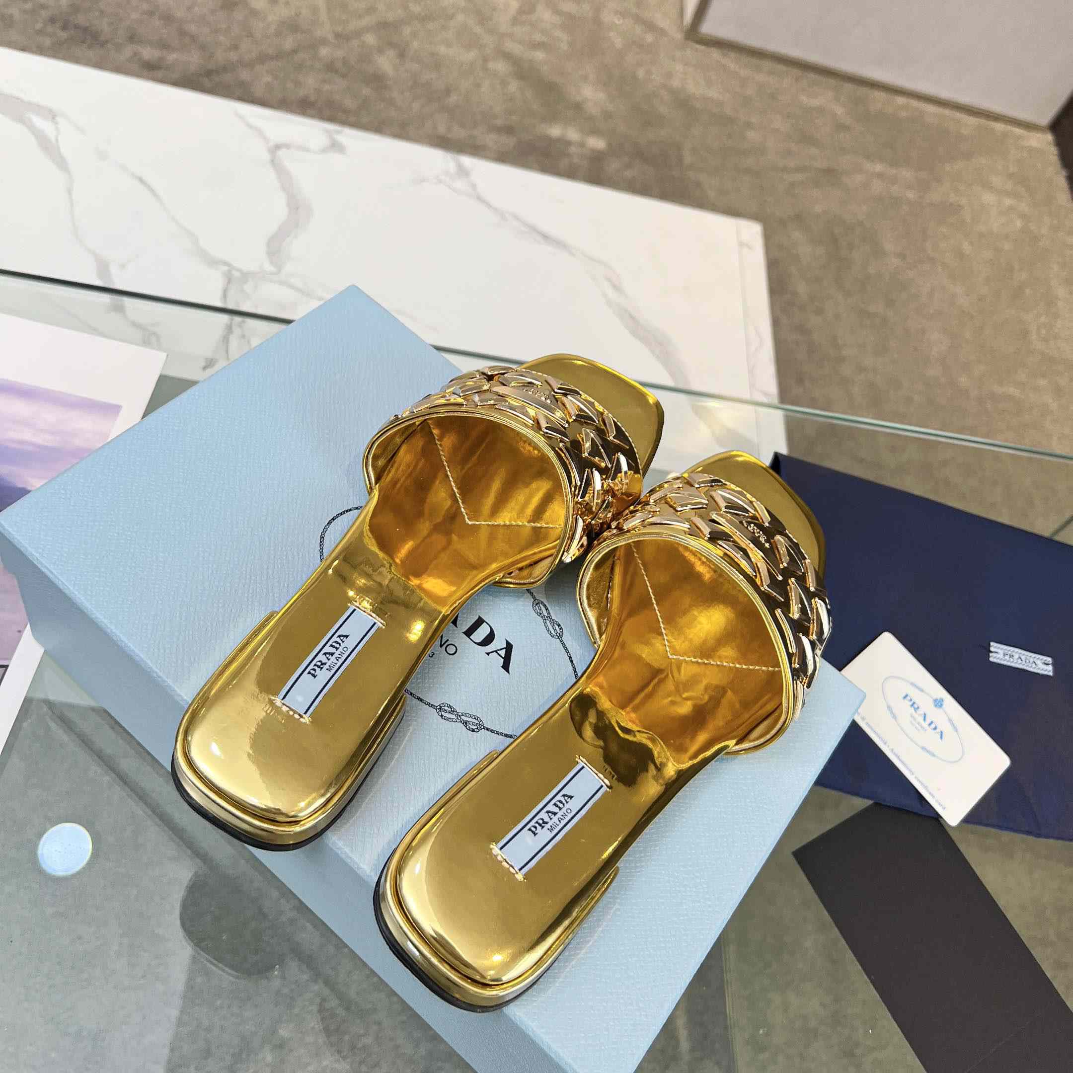 Prada Studded Metallic Leather Slides - 