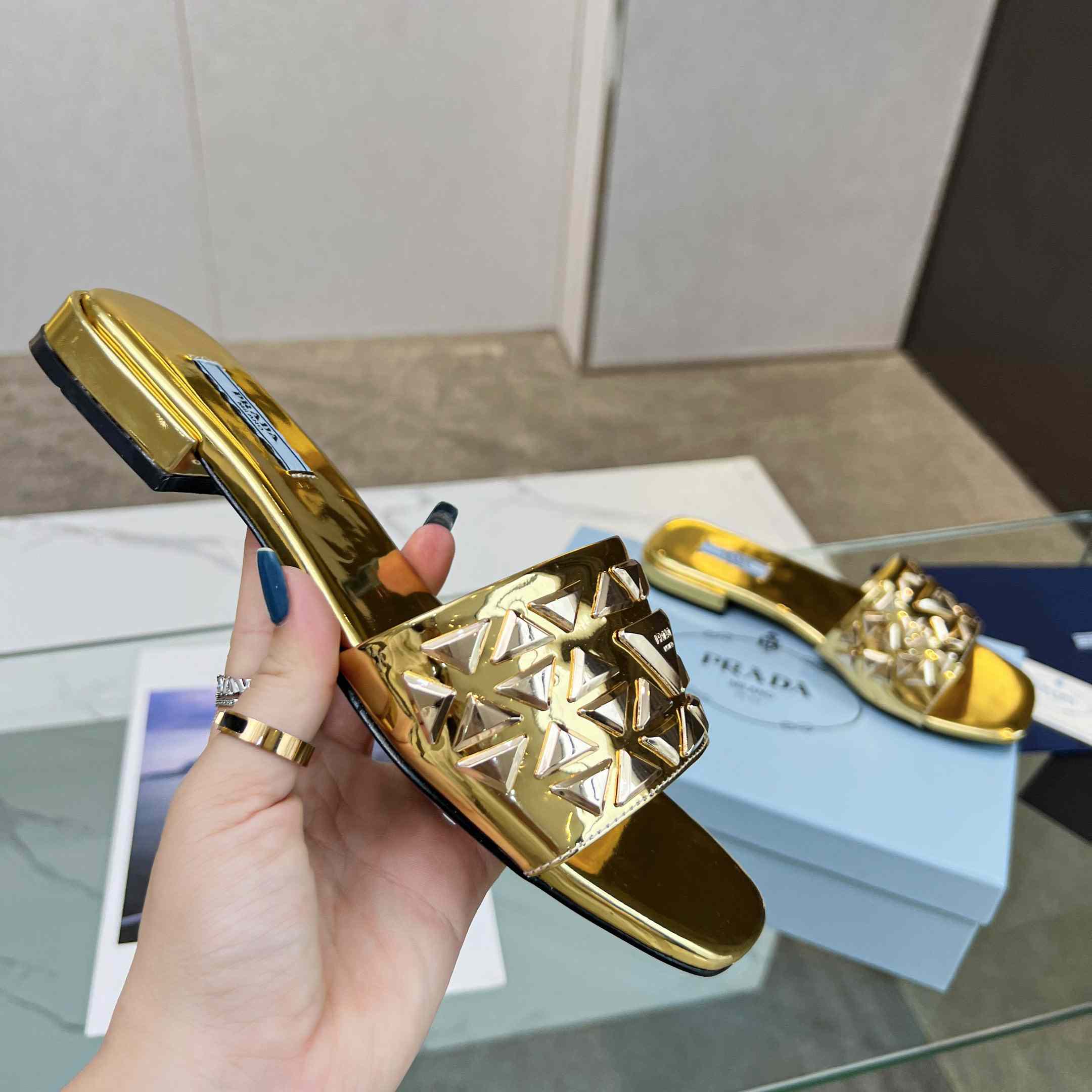 Prada Studded Metallic Leather Slides - 