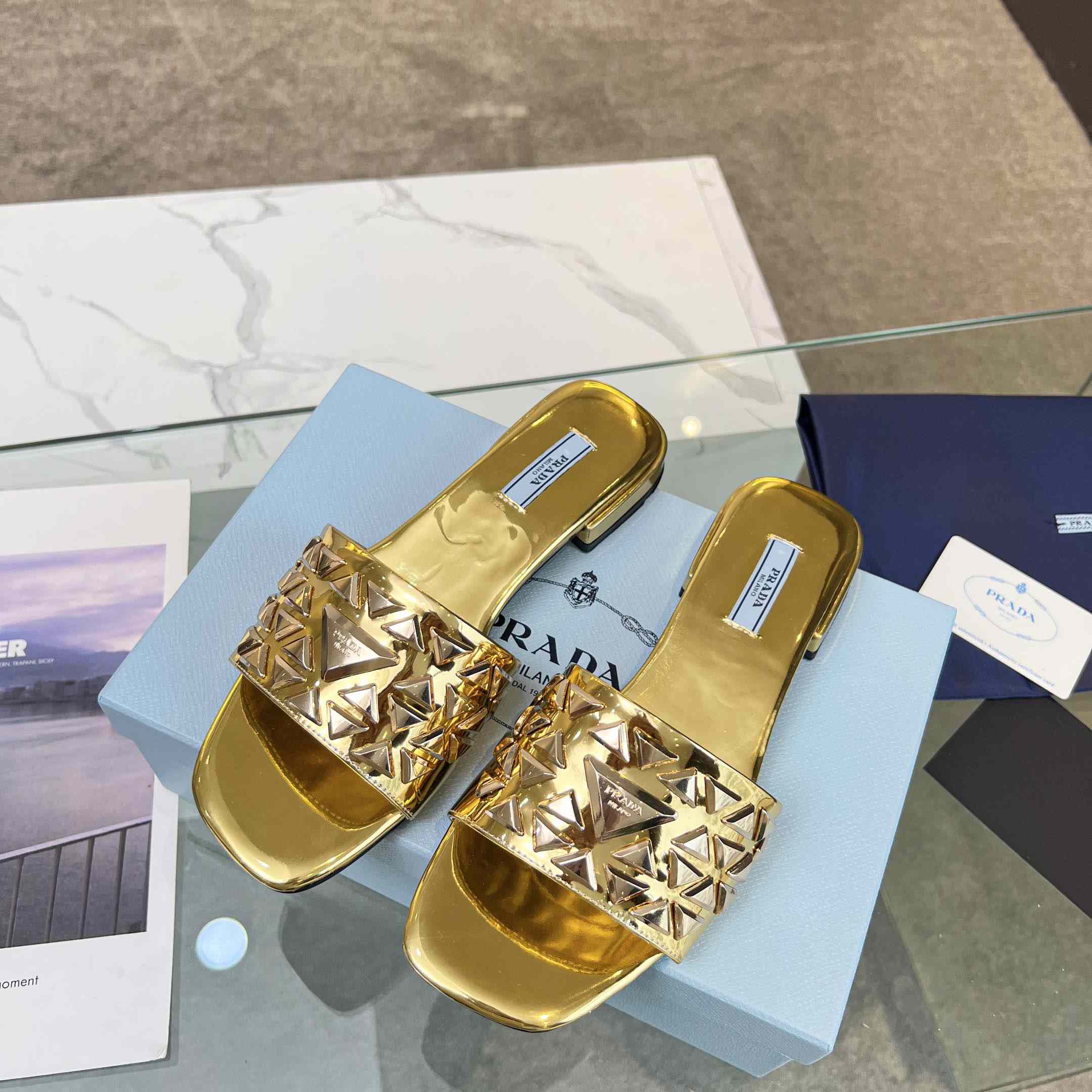 Prada Studded Metallic Leather Slides - 
