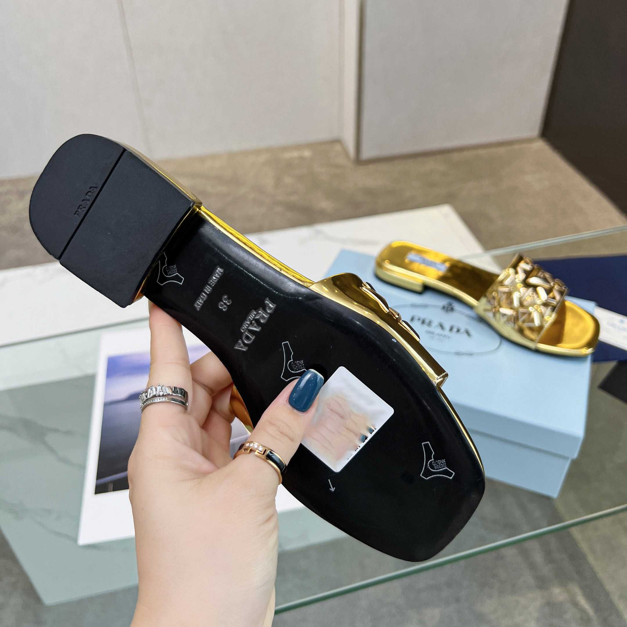 Prada Studded Metallic Leather Slides - 