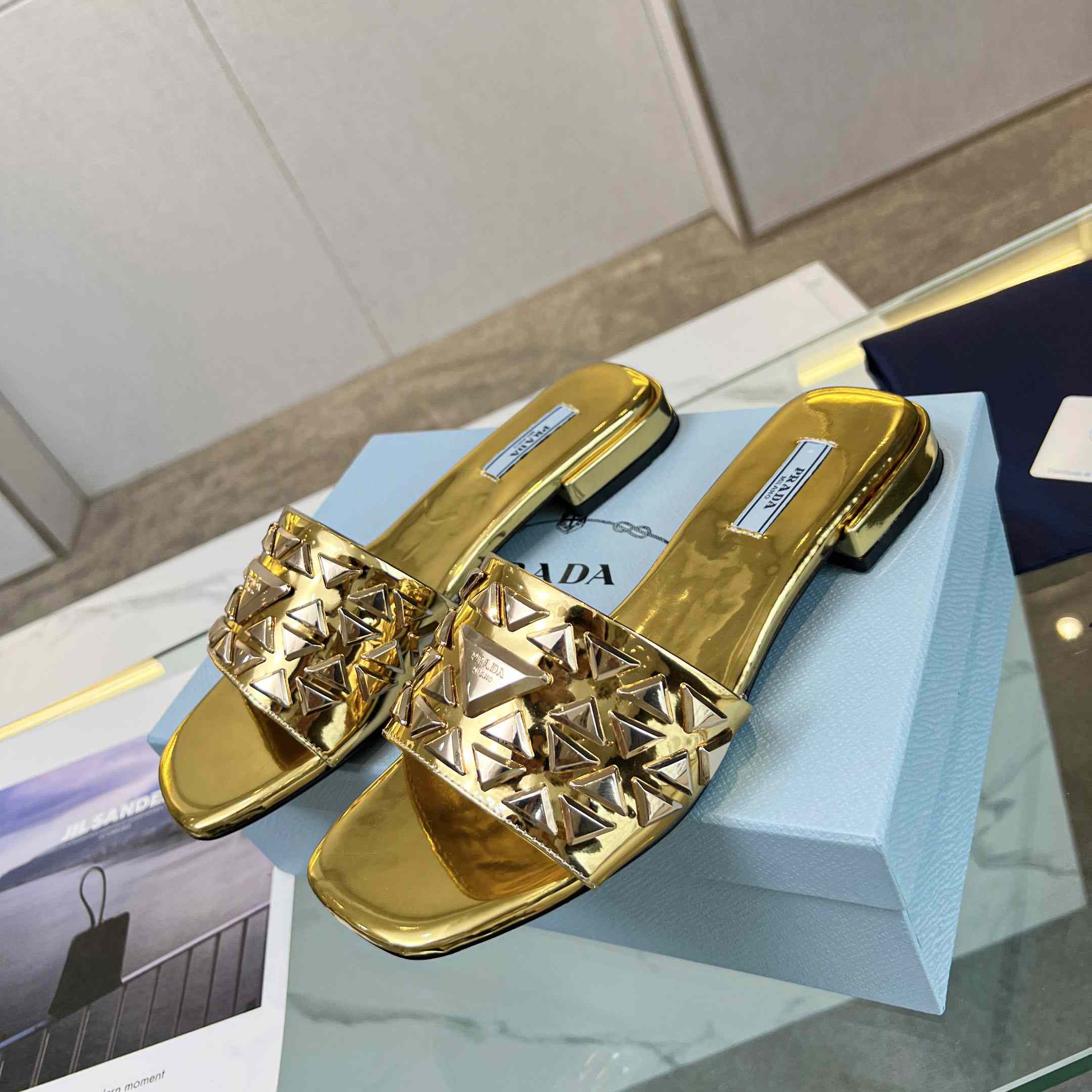 Prada Studded Metallic Leather Slides - 