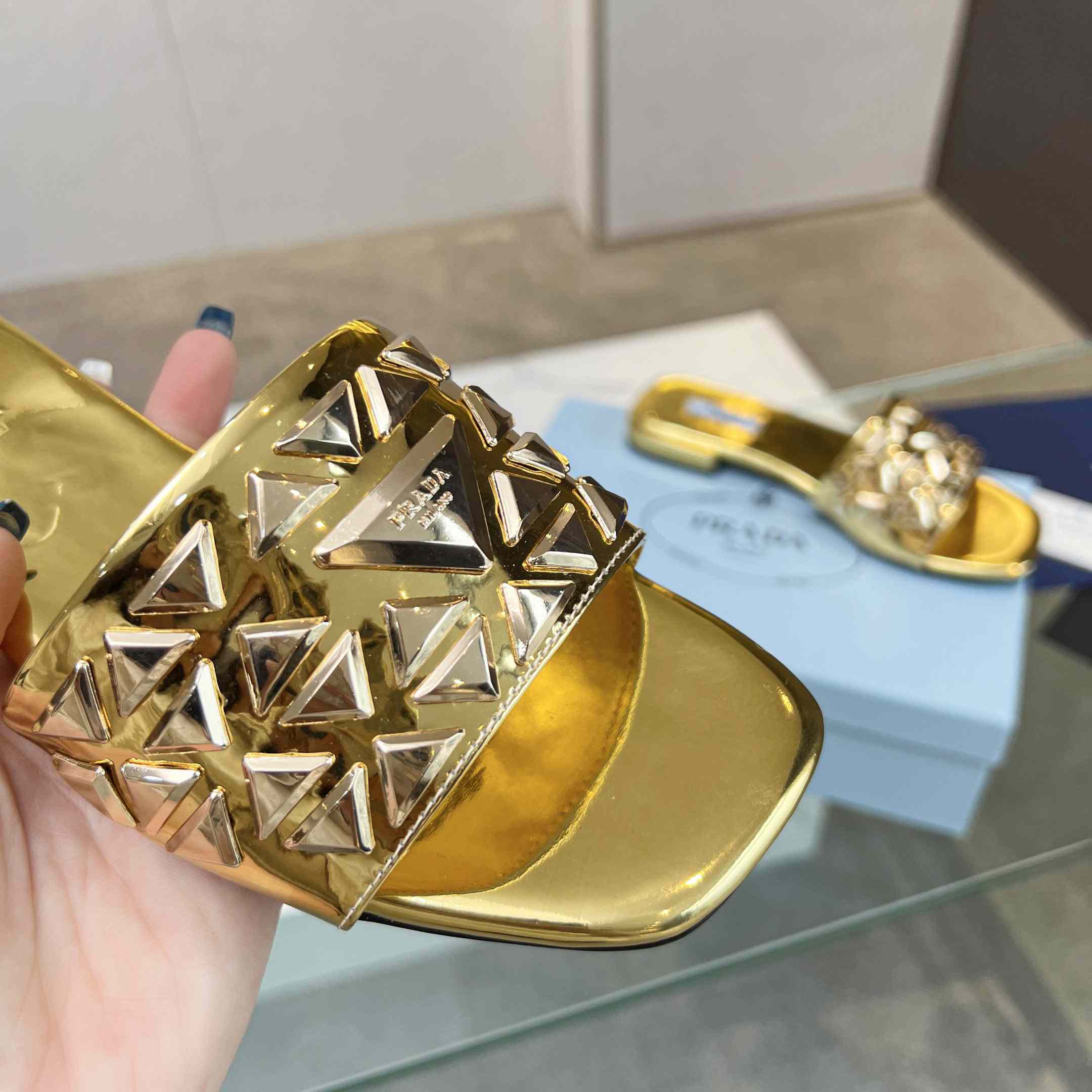 Prada Studded Metallic Leather Slides - 