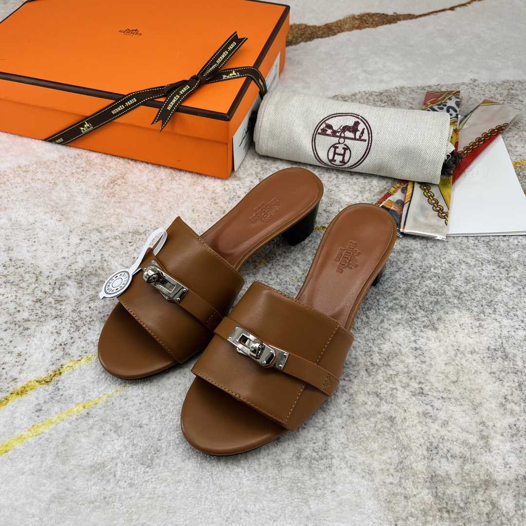 Hermes Open Toe Round Toe Casual Style Plain Leather Block Heels - 