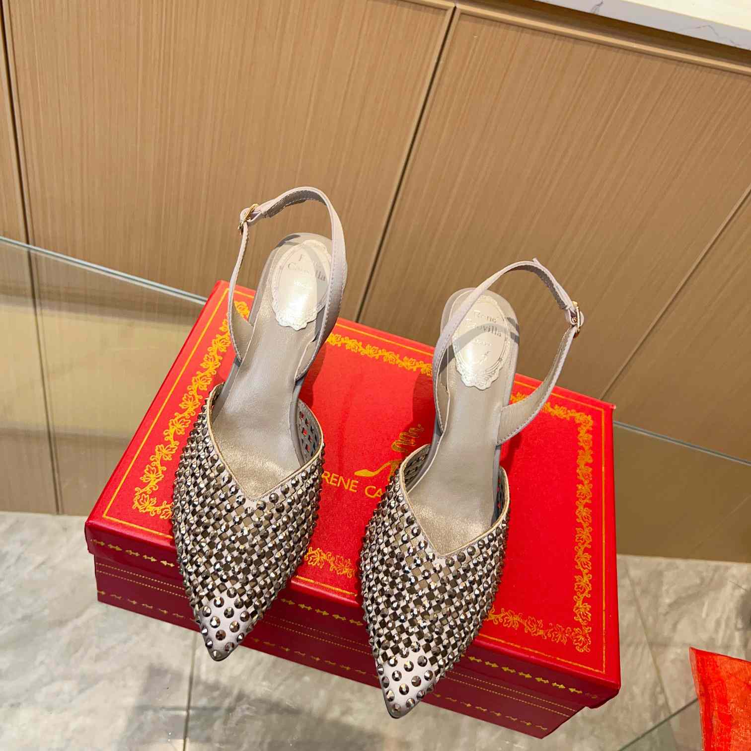 Rene Caovilla Ginger Crystal Silver Slingback 80 - 
