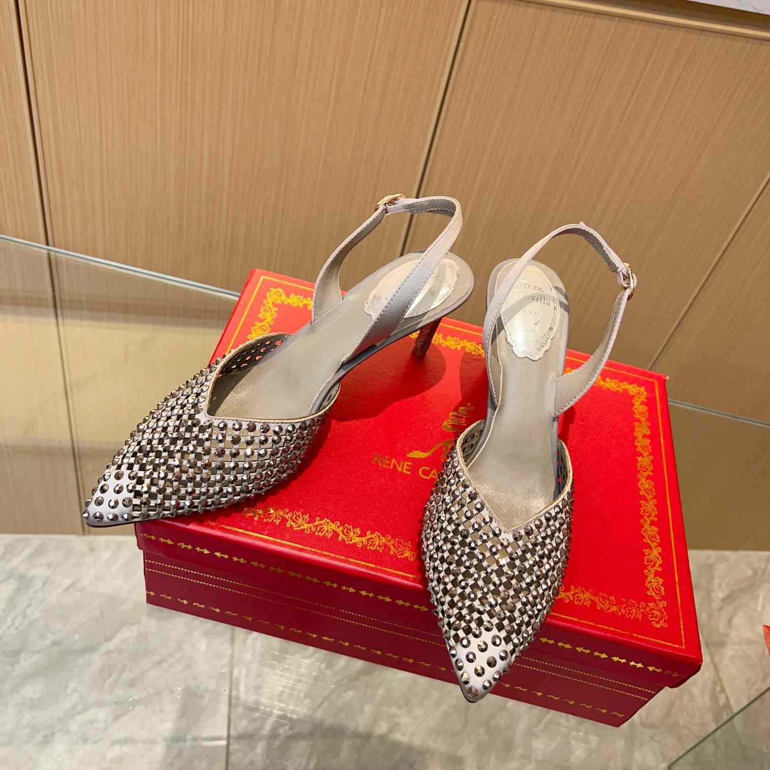 Rene Caovilla Ginger Crystal Silver Slingback 80 - 