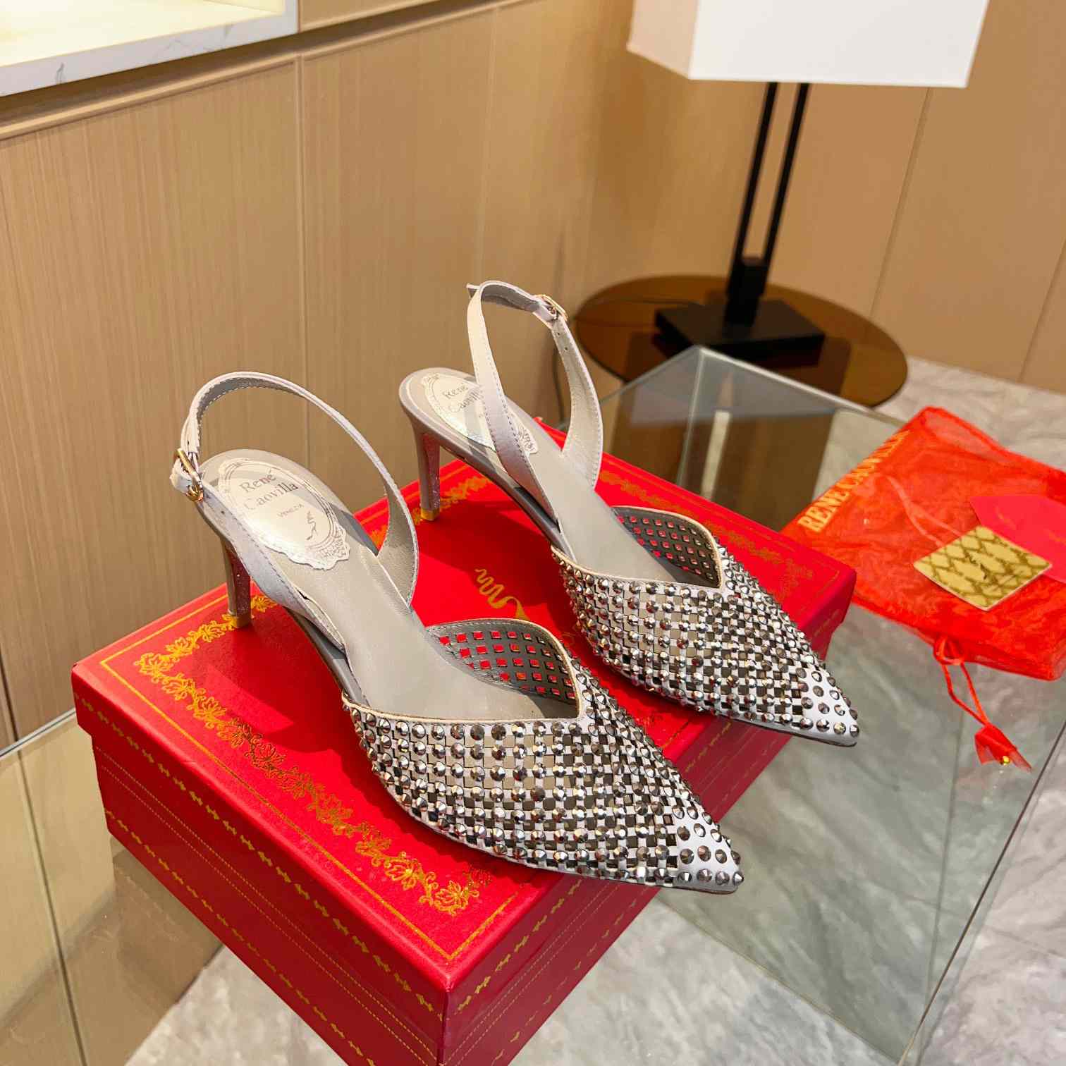 Rene Caovilla Ginger Crystal Silver Slingback 80 - 