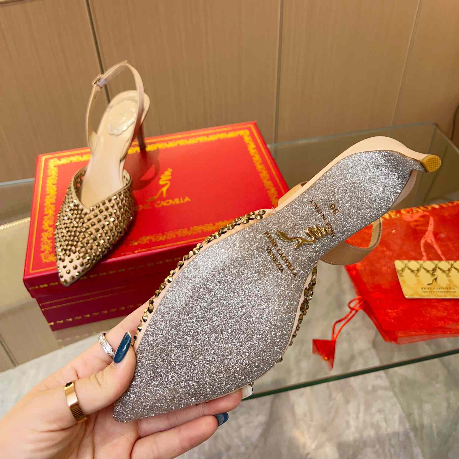 Rene Caovilla Ginger Crystal Silver Slingback 80 - 