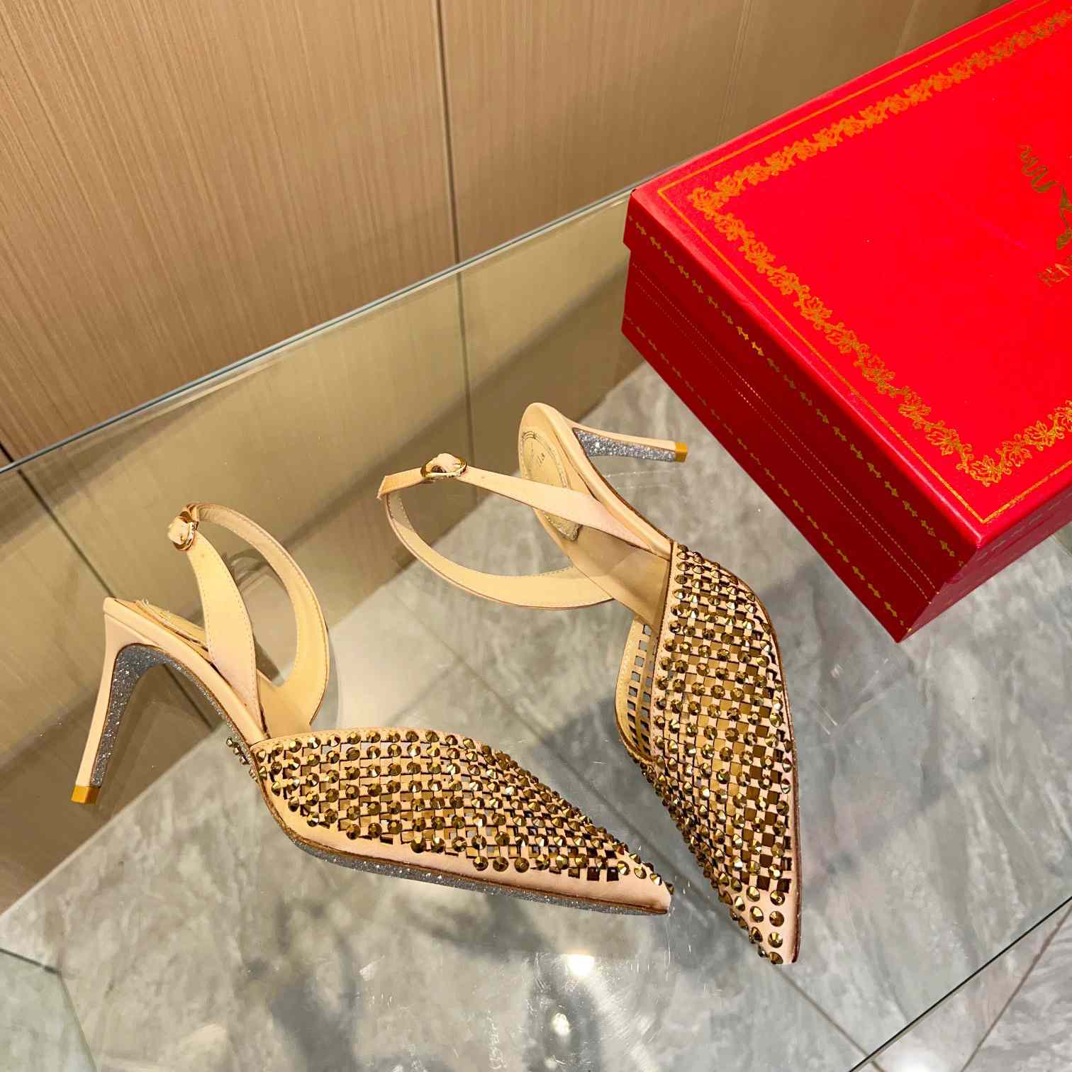 Rene Caovilla Ginger Crystal Silver Slingback 80 - 