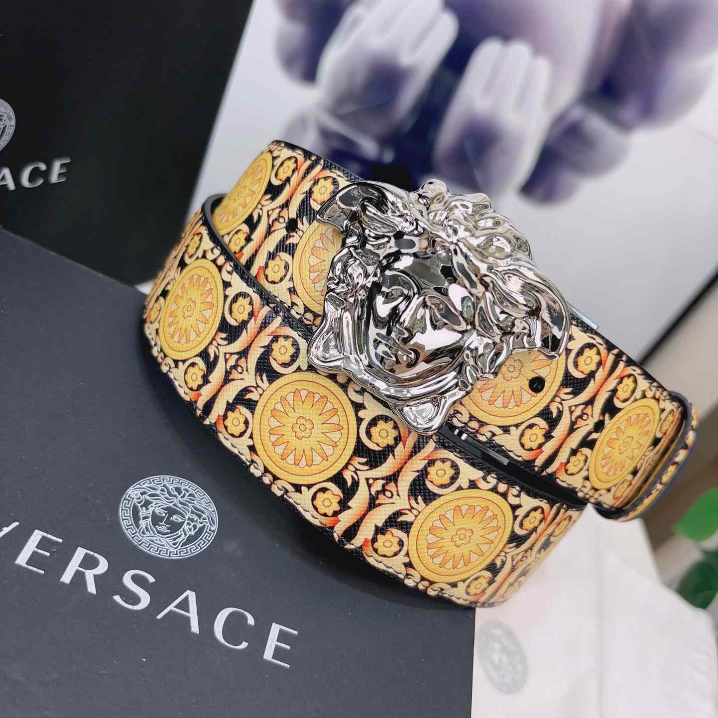 Versace La Medusa Logo-buckle Barocco-print Belt   40mm - 