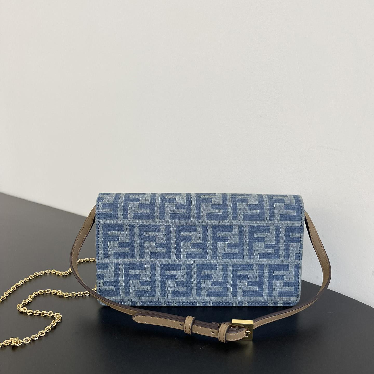 Fendi Wallet On Chain Baguette Light Blue FF Denim Fabric Wallet - 