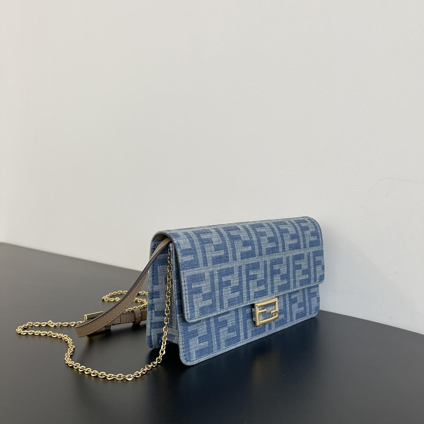 Fendi Wallet On Chain Baguette Light Blue FF Denim Fabric Wallet - 