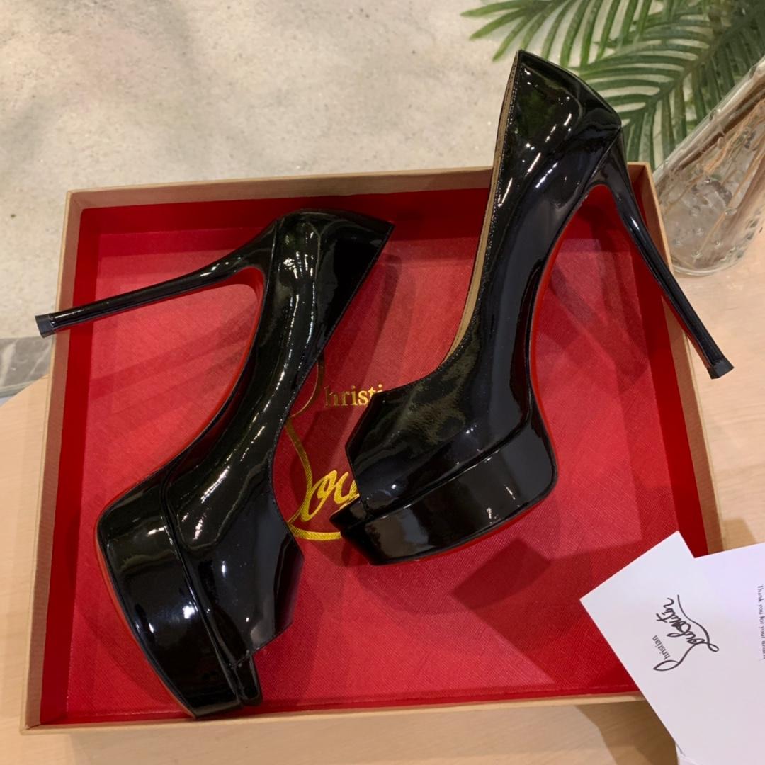 Christian Louboutin Black Patent Leather Peep Toe Stiletto Heels   8.5cm - 