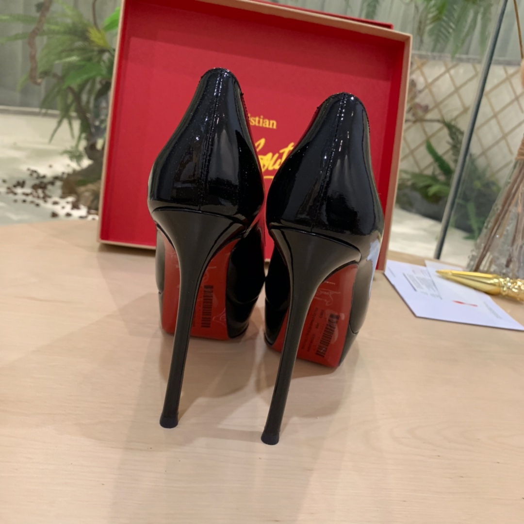 Christian Louboutin Black Patent Leather Peep Toe Stiletto Heels   8.5cm - 