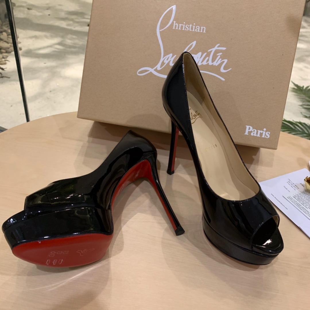 Christian Louboutin Black Patent Leather Peep Toe Stiletto Heels   8.5cm - 