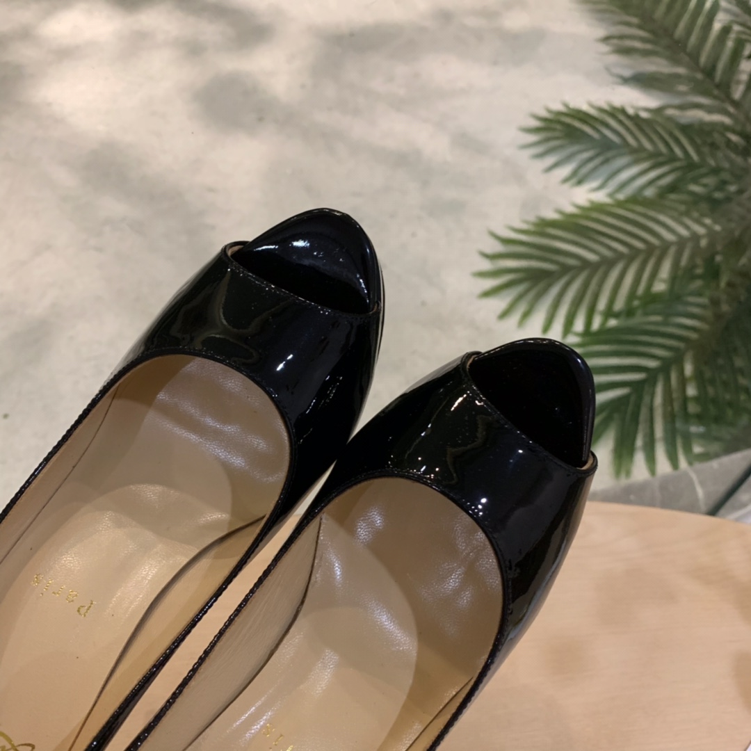 Christian Louboutin Black Patent Leather Peep Toe Stiletto Heels   8.5cm - 