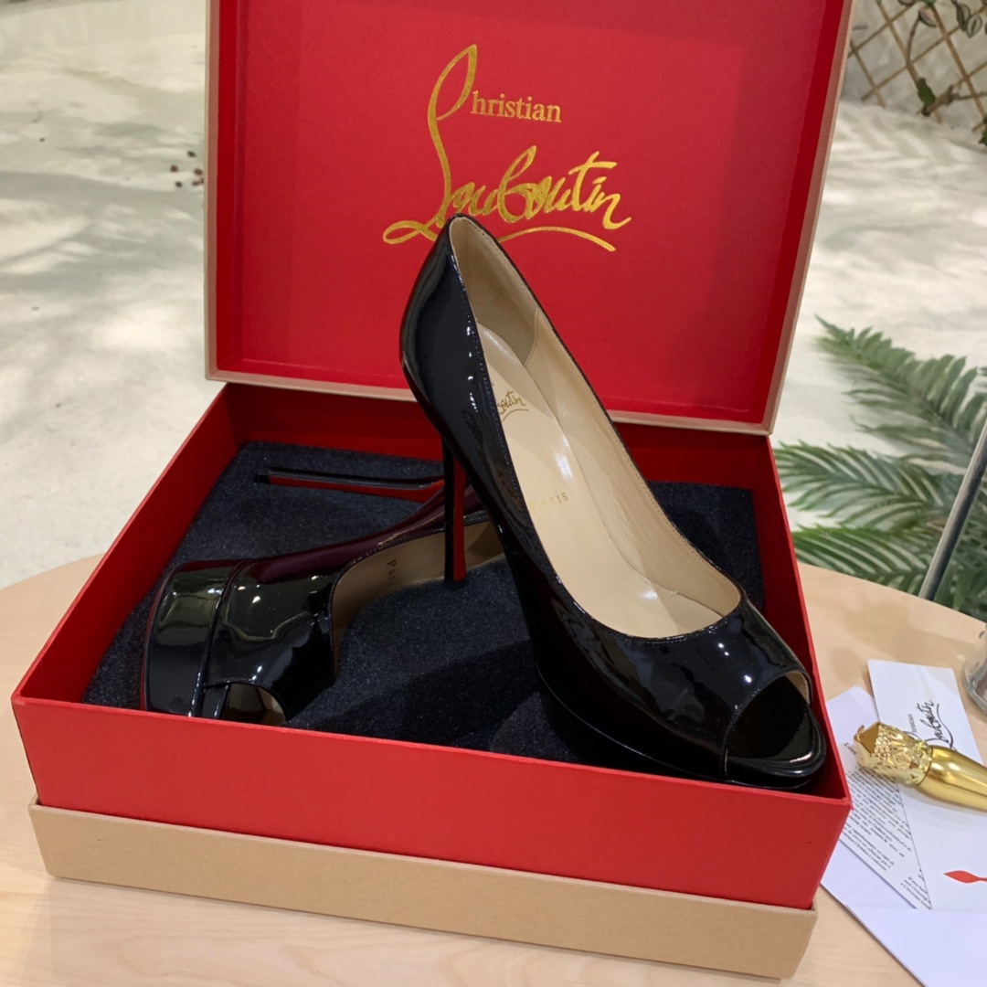 Christian Louboutin Black Patent Leather Peep Toe Stiletto Heels   8.5cm - 