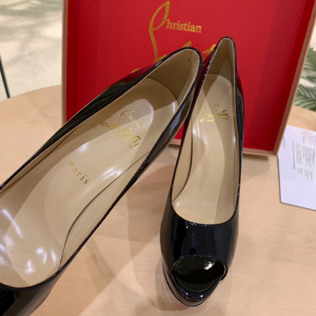 Christian Louboutin Black Patent Leather Peep Toe Stiletto Heels   8.5cm - 