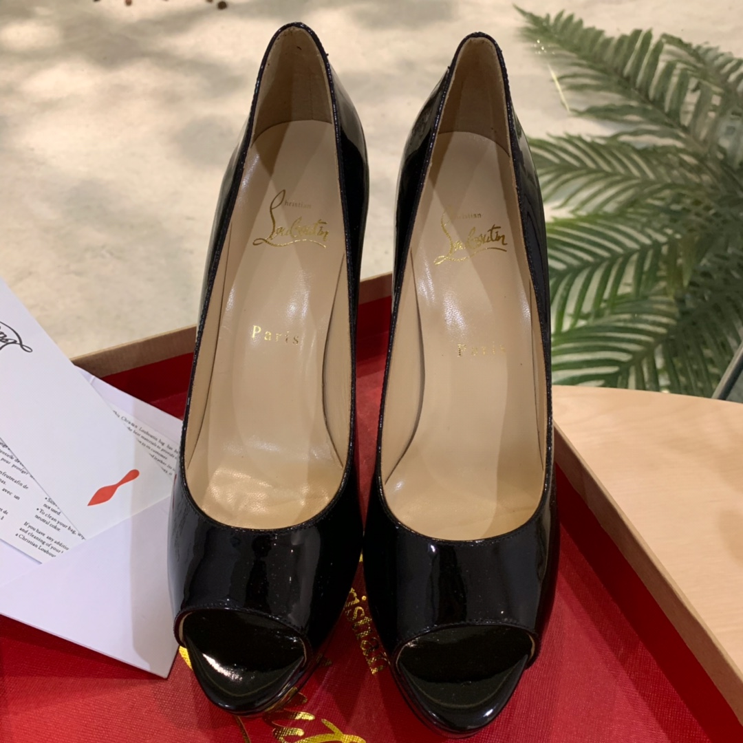 Christian Louboutin Black Patent Leather Peep Toe Stiletto Heels   8.5cm - 