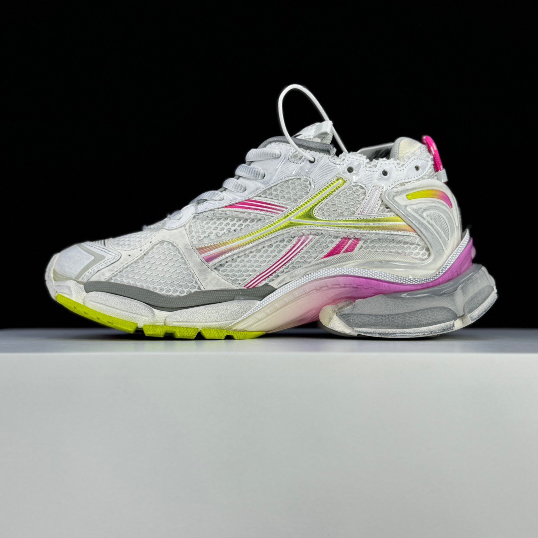 Balenciaga Runner Gradient Sneaker In White, Pink, Grey And Neon Yellow Mesh - 