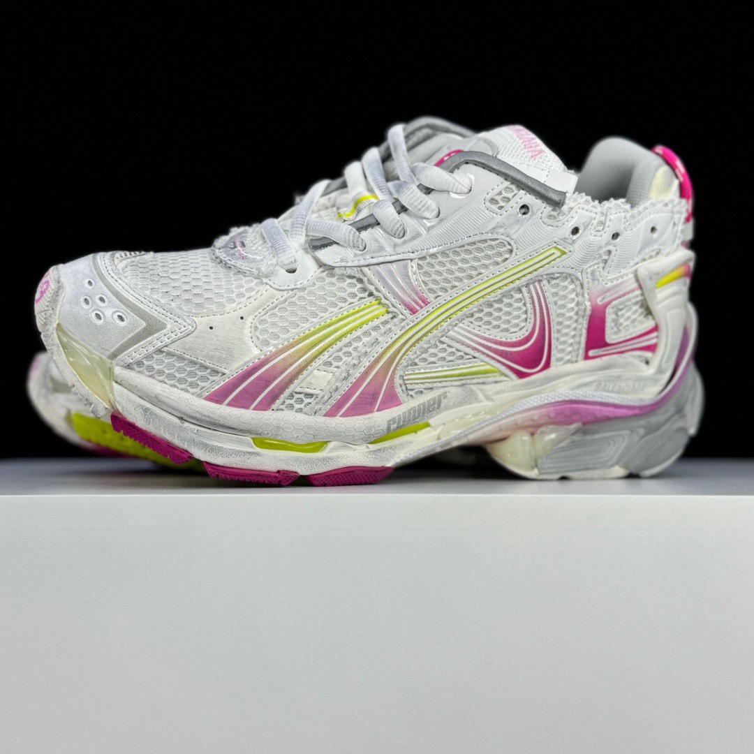 Balenciaga Runner Gradient Sneaker In White, Pink, Grey And Neon Yellow Mesh - 