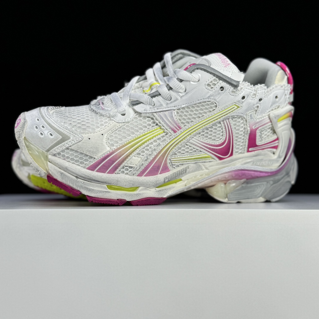 Balenciaga Runner Gradient Sneaker In White, Pink, Grey And Neon Yellow Mesh - 