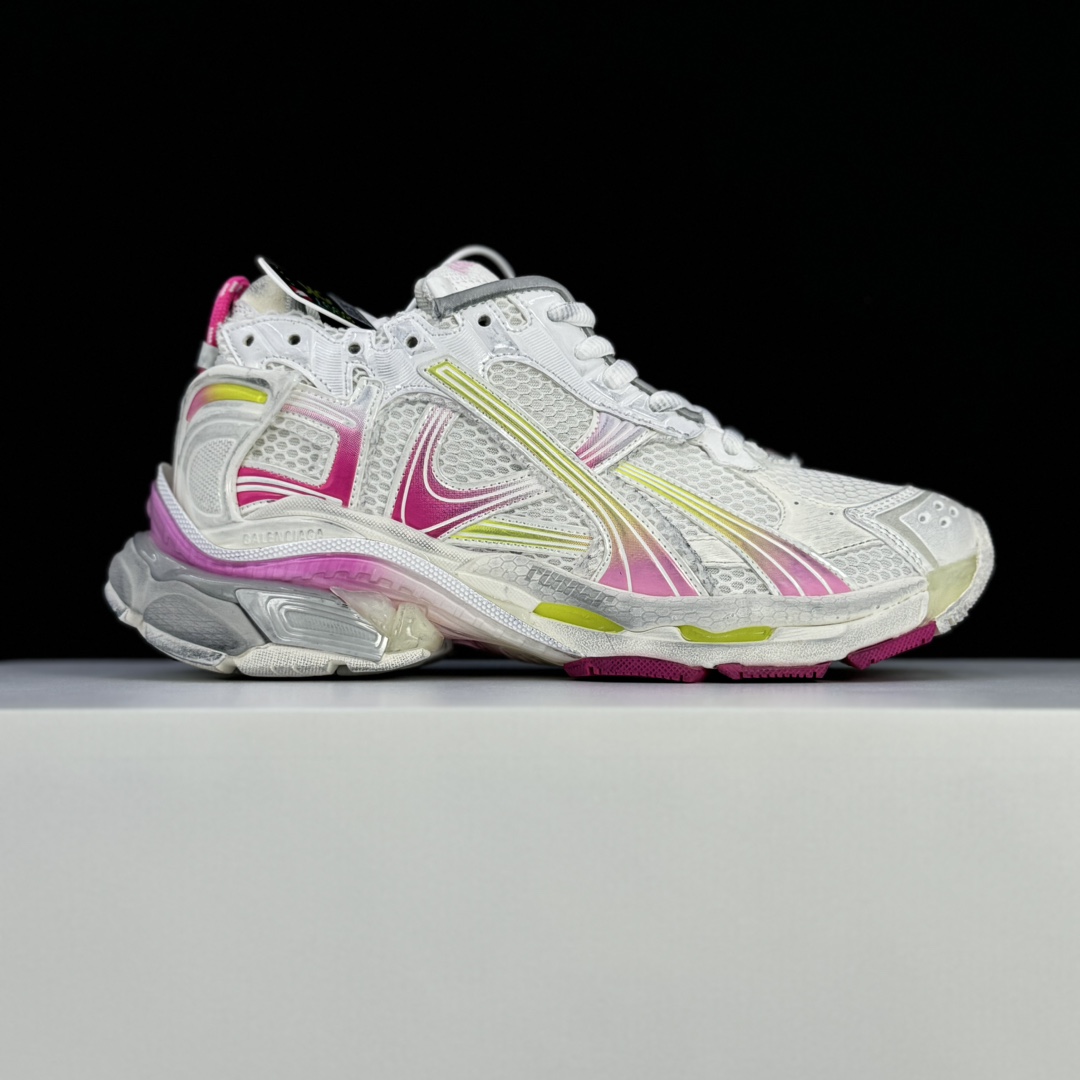 Balenciaga Runner Gradient Sneaker In White, Pink, Grey And Neon Yellow Mesh - 