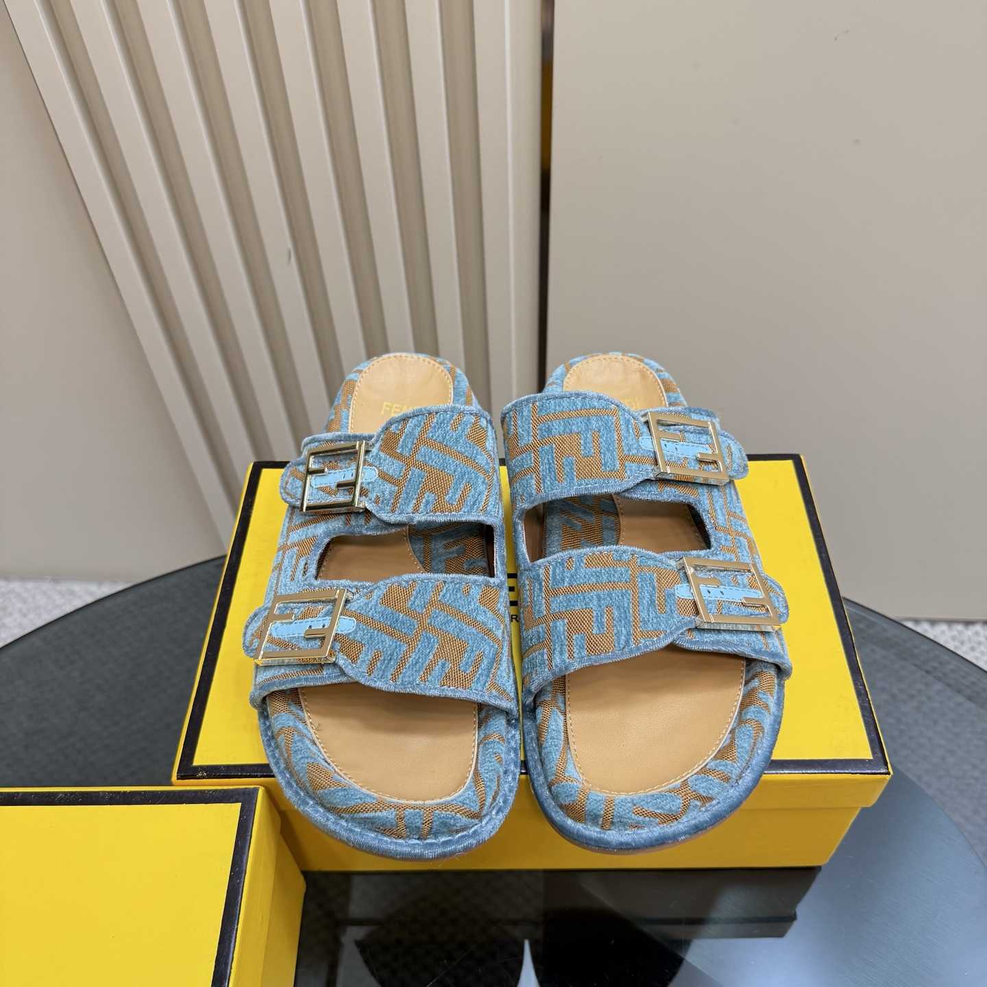 Fendi Feel Light Blue FF Jacquard Velvet Slides - 