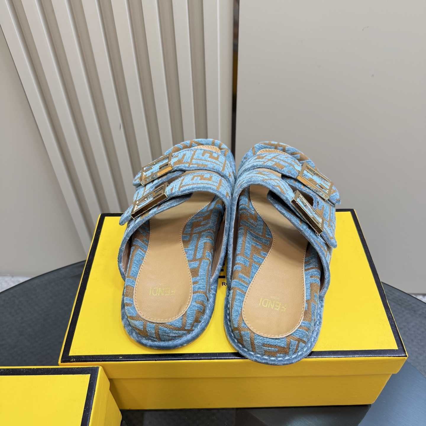Fendi Feel Light Blue FF Jacquard Velvet Slides - 