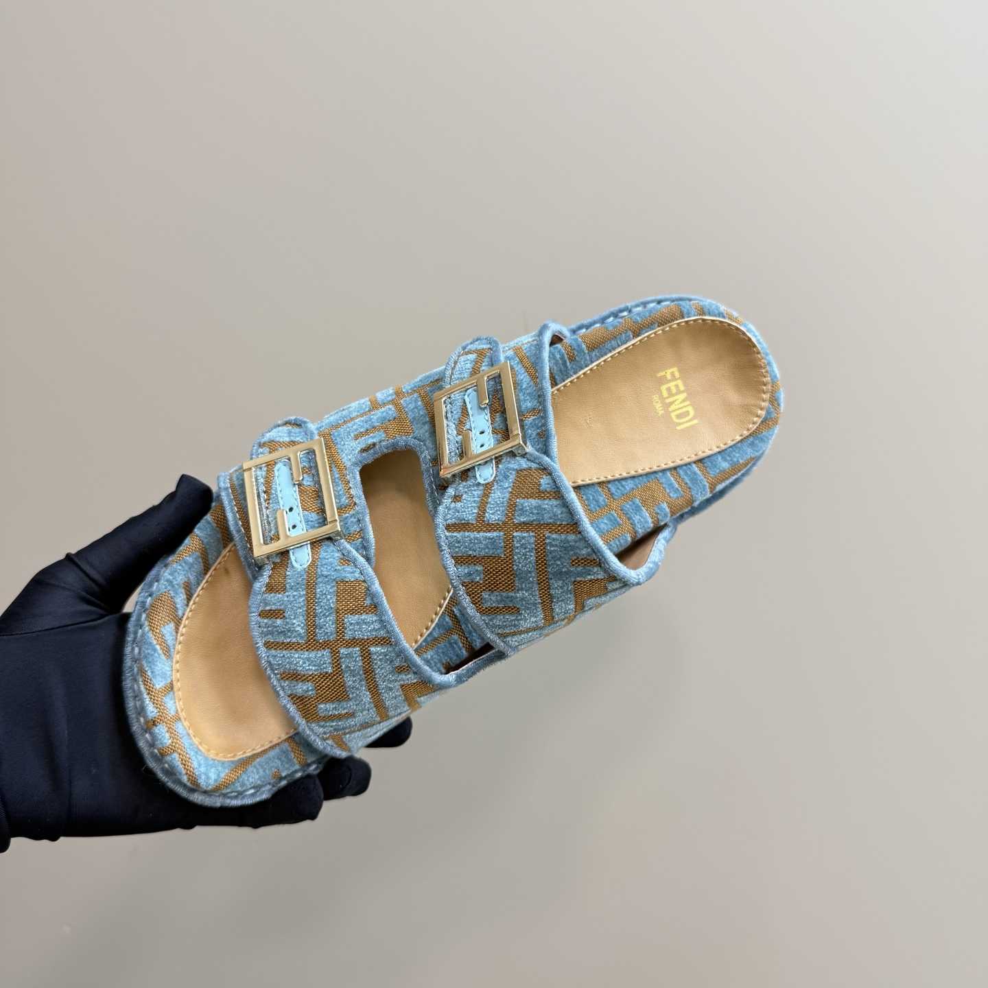 Fendi Feel Light Blue FF Jacquard Velvet Slides - 