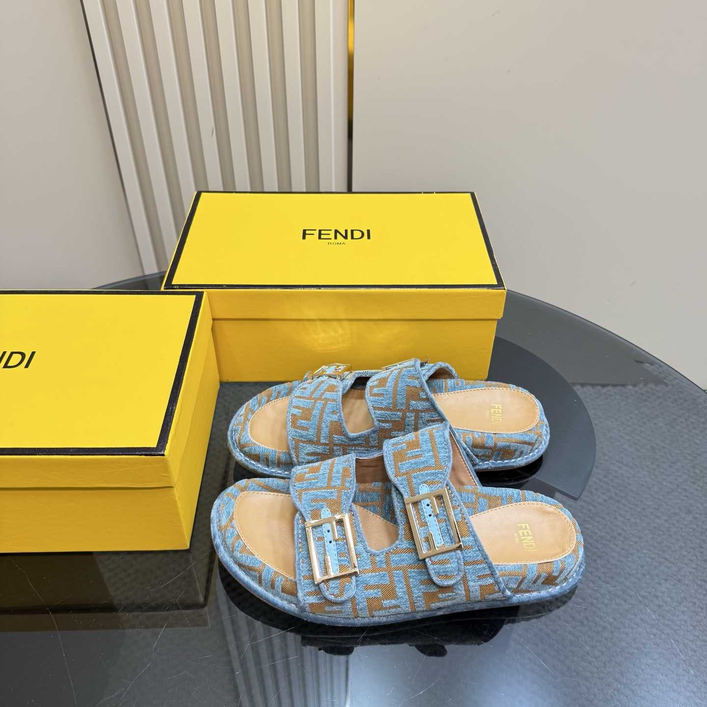 Fendi Feel Light Blue FF Jacquard Velvet Slides - 