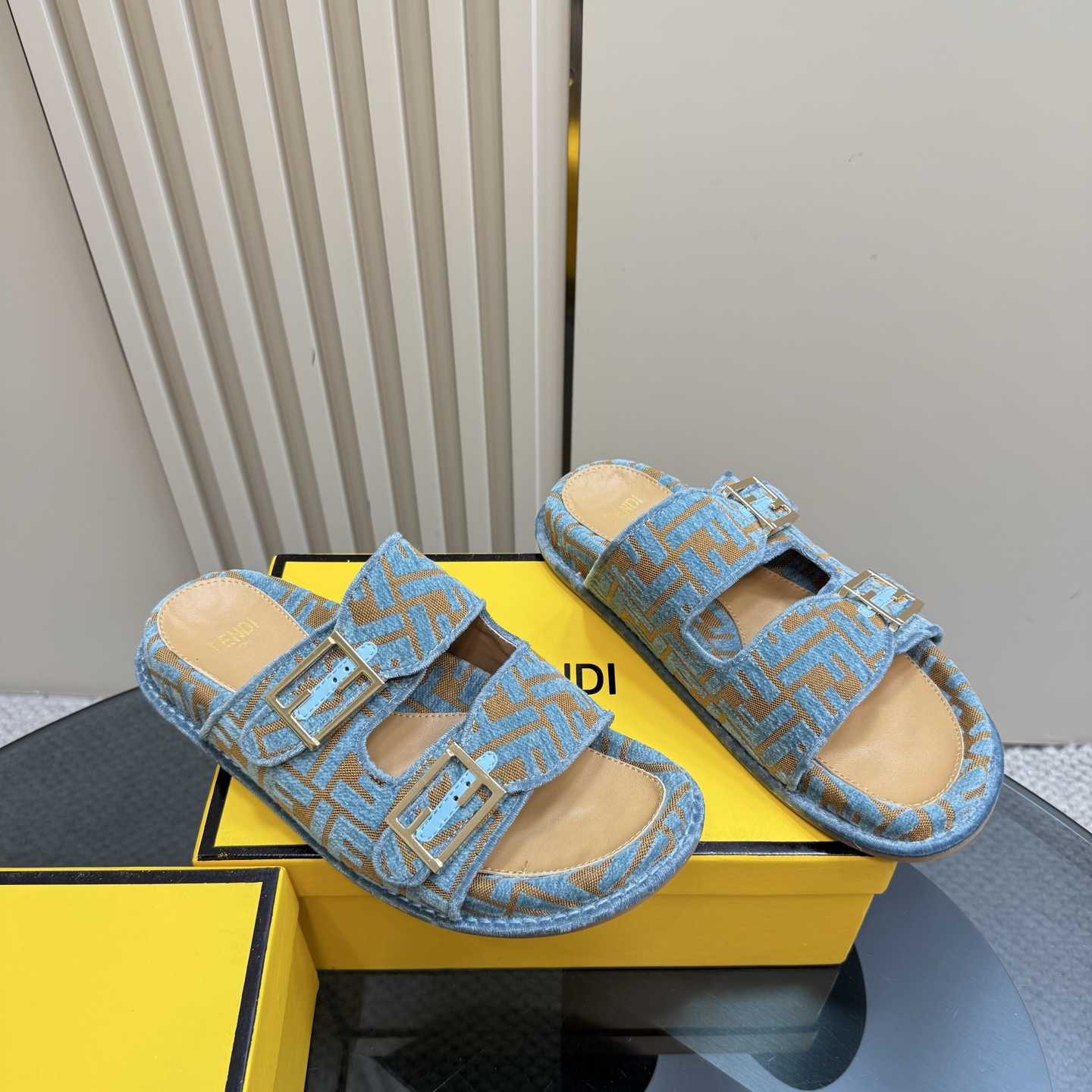 Fendi Feel Light Blue FF Jacquard Velvet Slides - 